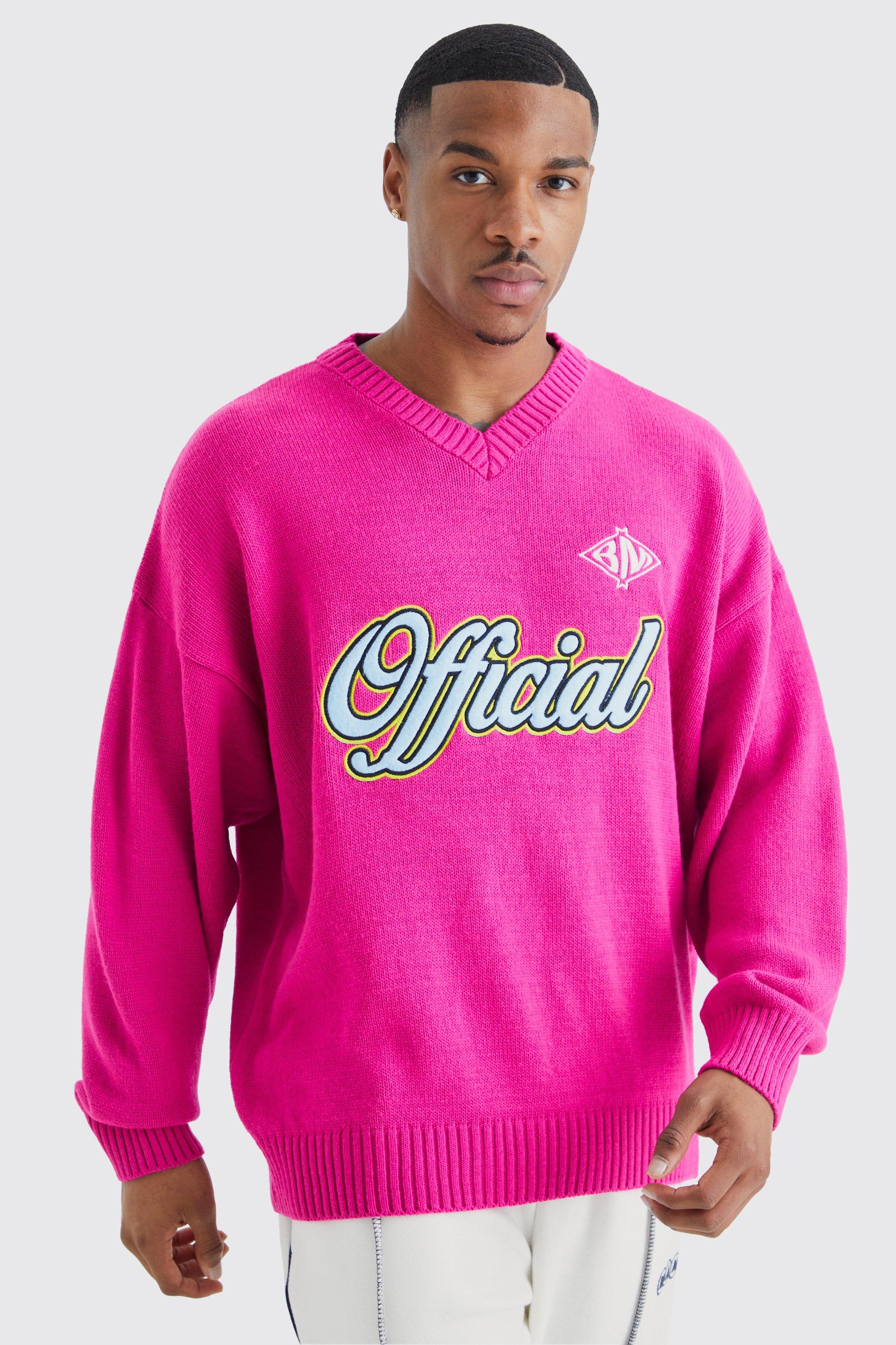 Mens Pink Oversized V Neck Football Knit Sweatshirt, Pink