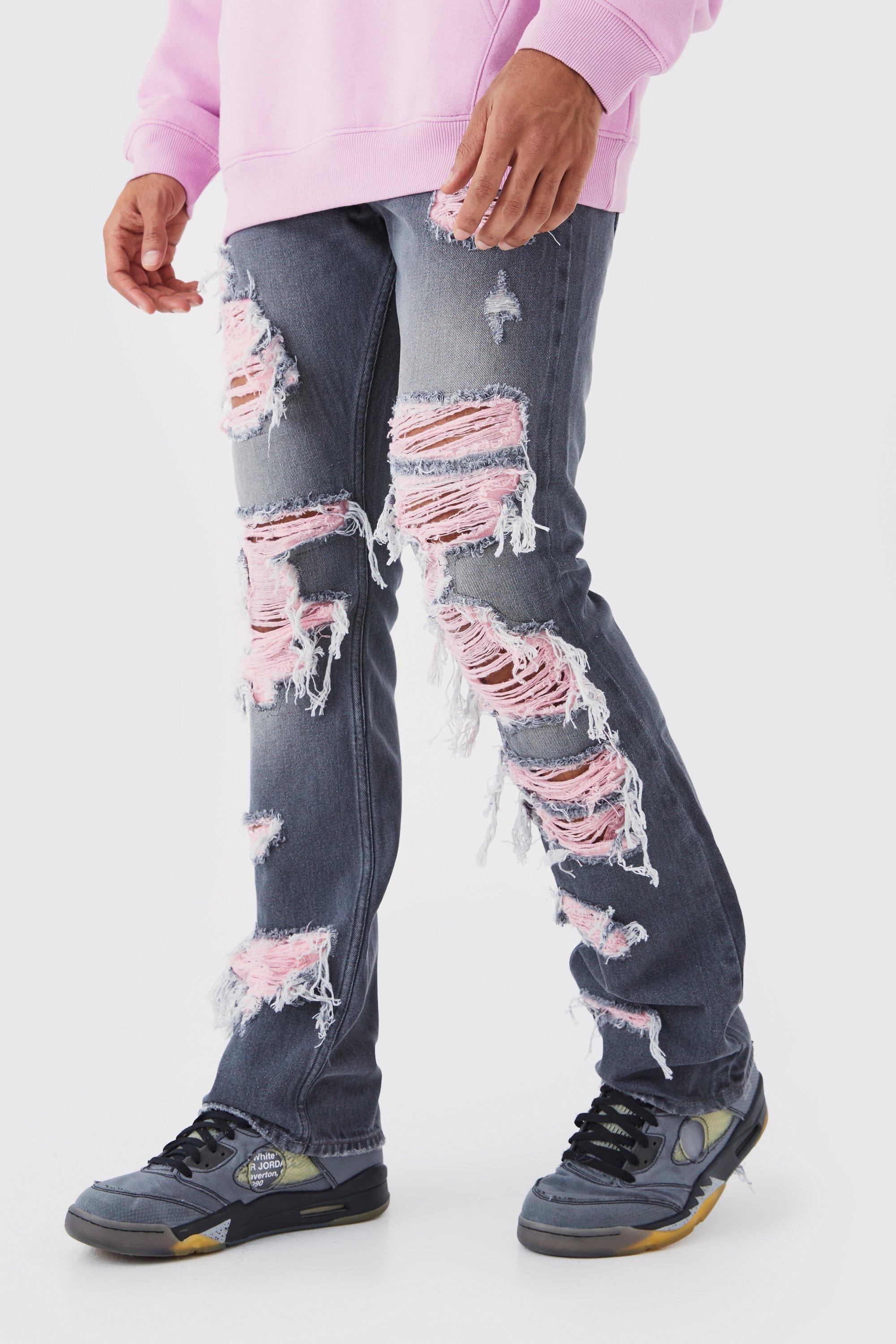 Boohoo Onbewerkte Contrasterende Gescheurde Flared Slim Fit Jeans, Mid Grey