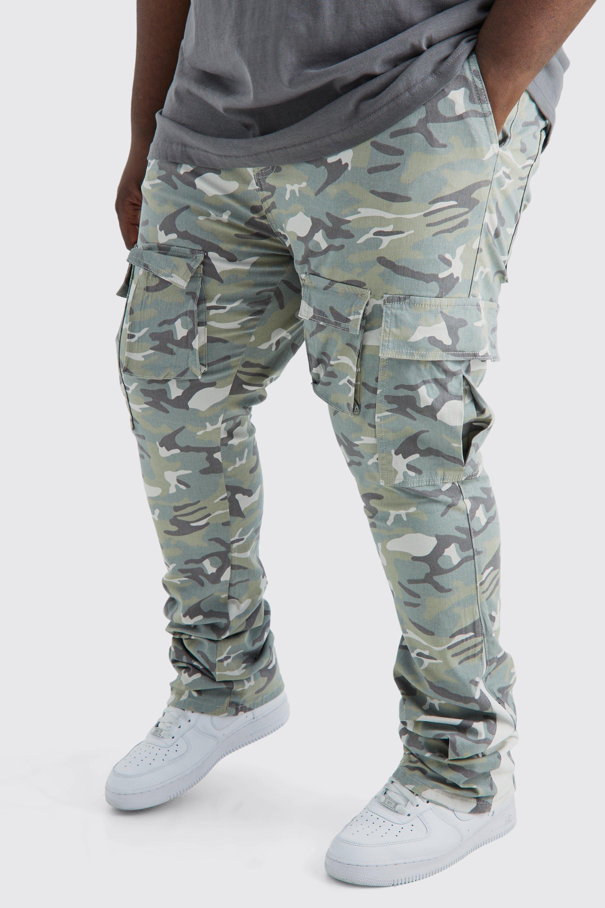 Mens Green Plus Skinny Stacked Flare Gusset Camo Cargo Trouser, Green