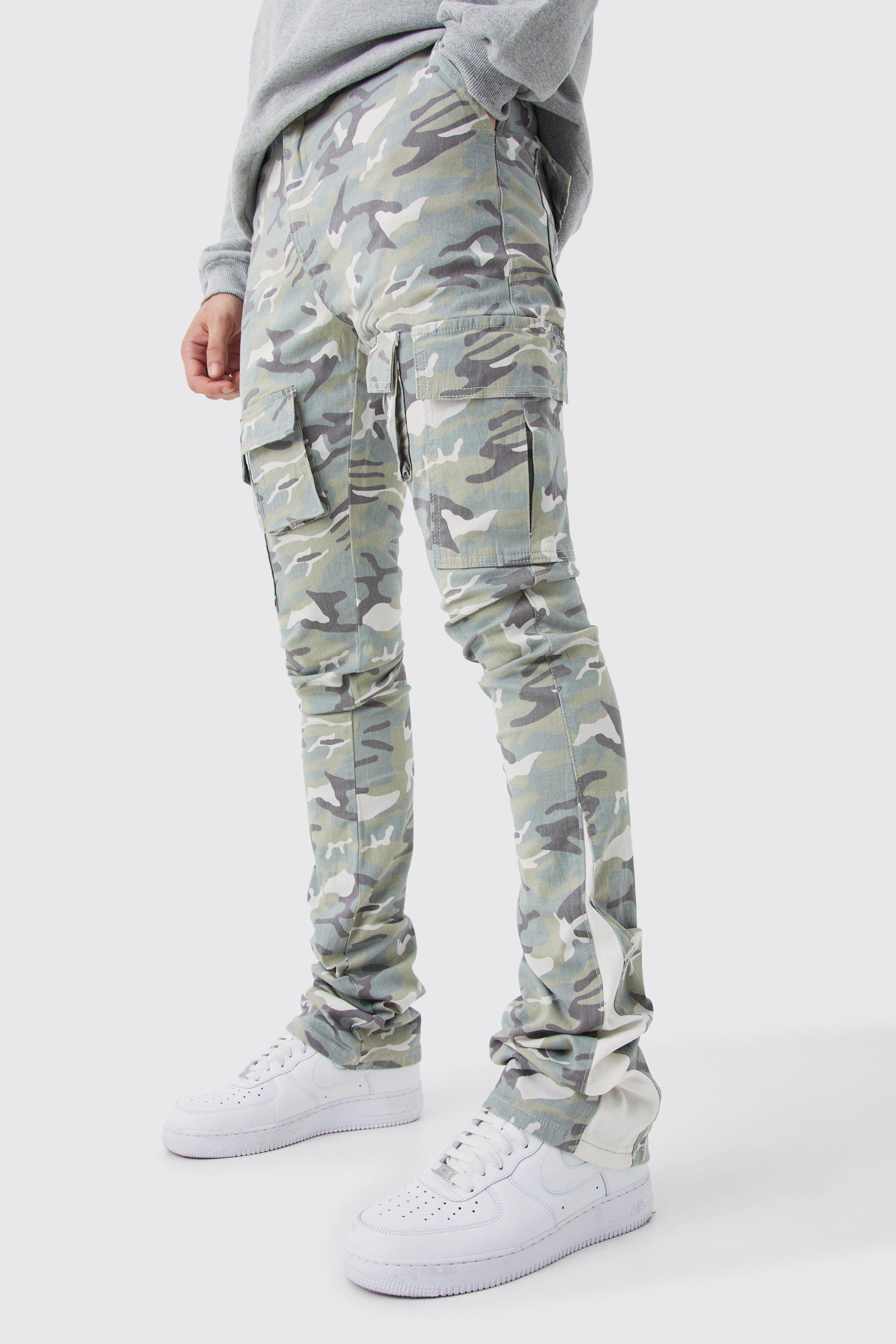 Mens Green Tall Skinny Stacked Flare Gusset Camo Cargo Trouser, Green