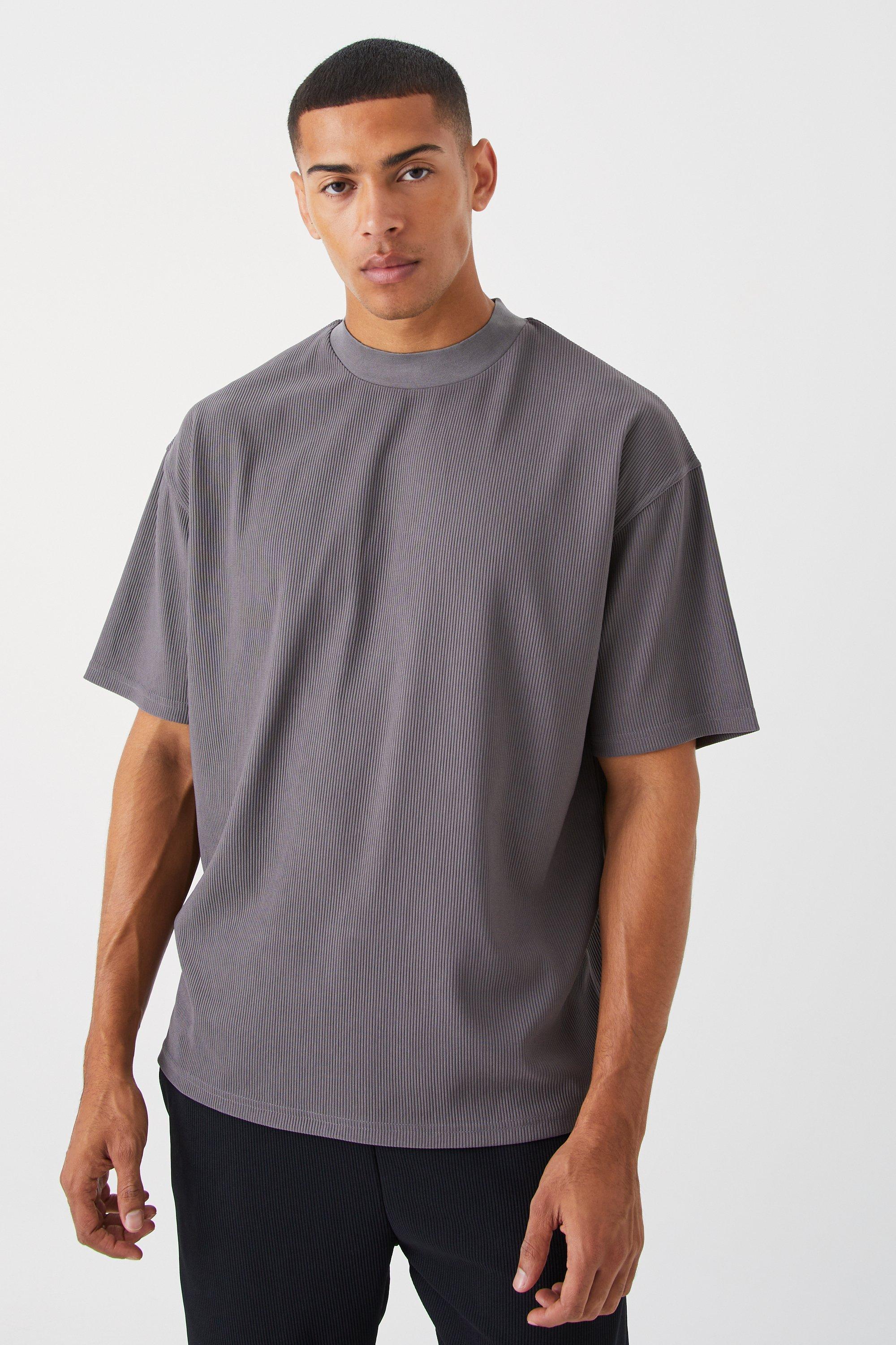 Image of T-shirt oversize a coste con girocollo esteso e girocollo esteso, Grigio