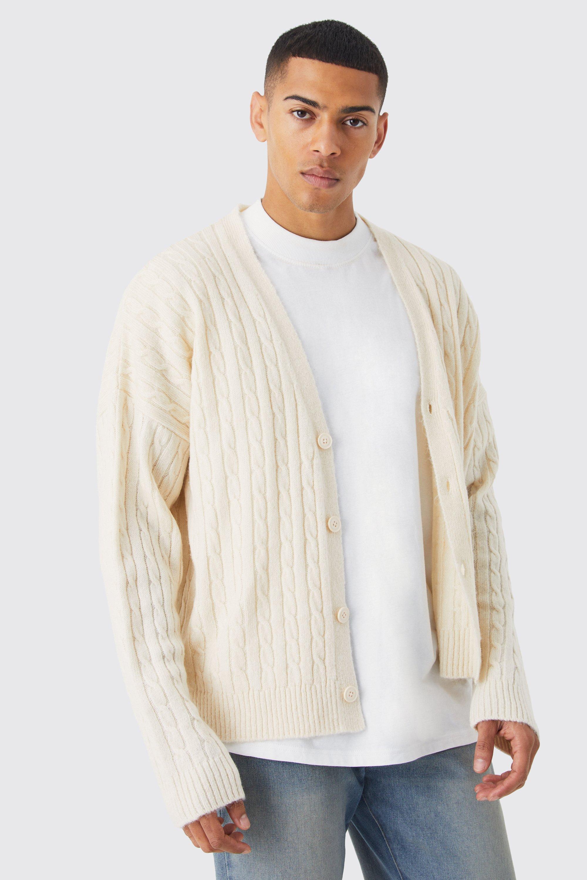 Mens Cream Boxy Brushed Cable Knit Cardigan, Cream