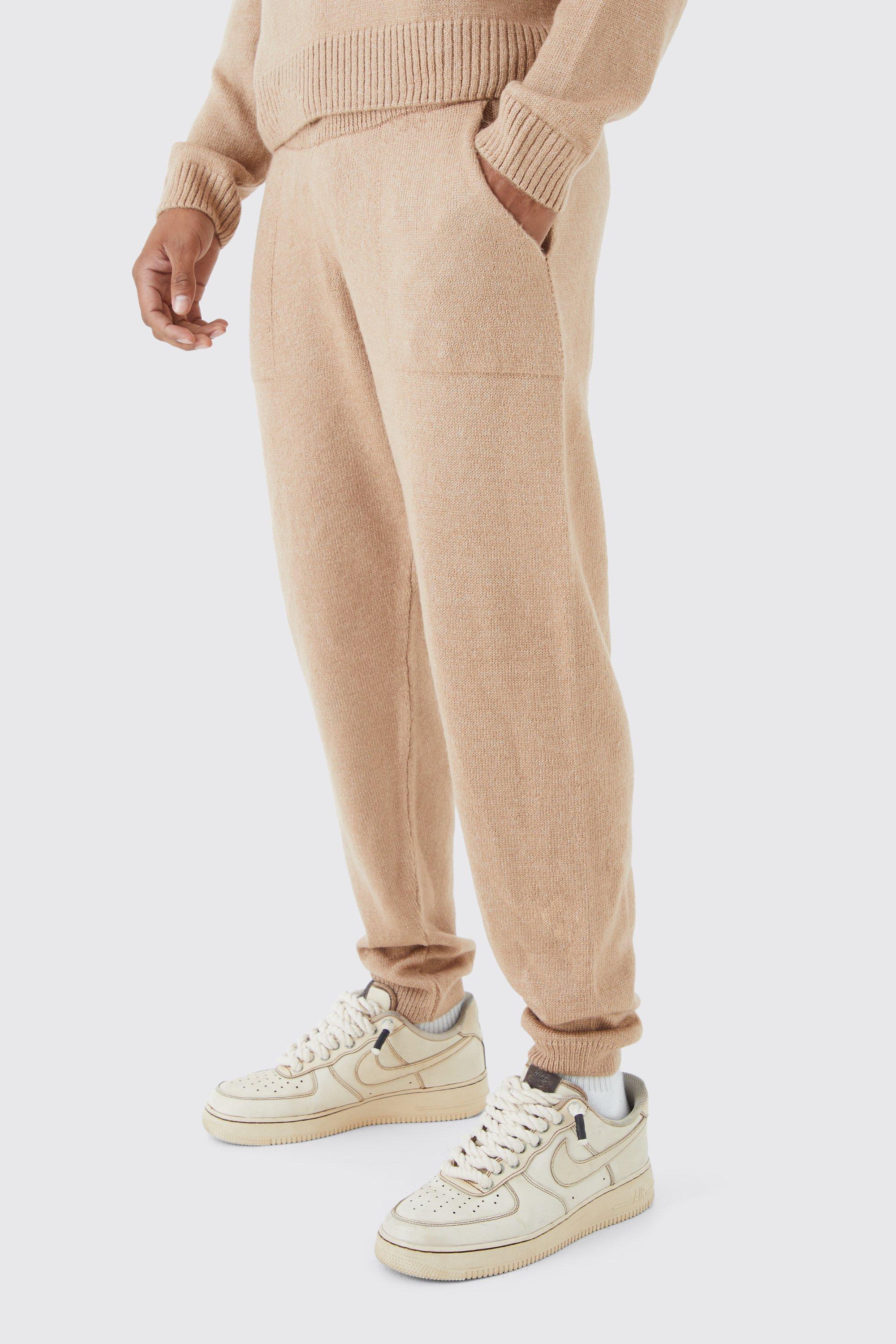 Mens Beige Relaxed Fit Knitted Joggers, Beige