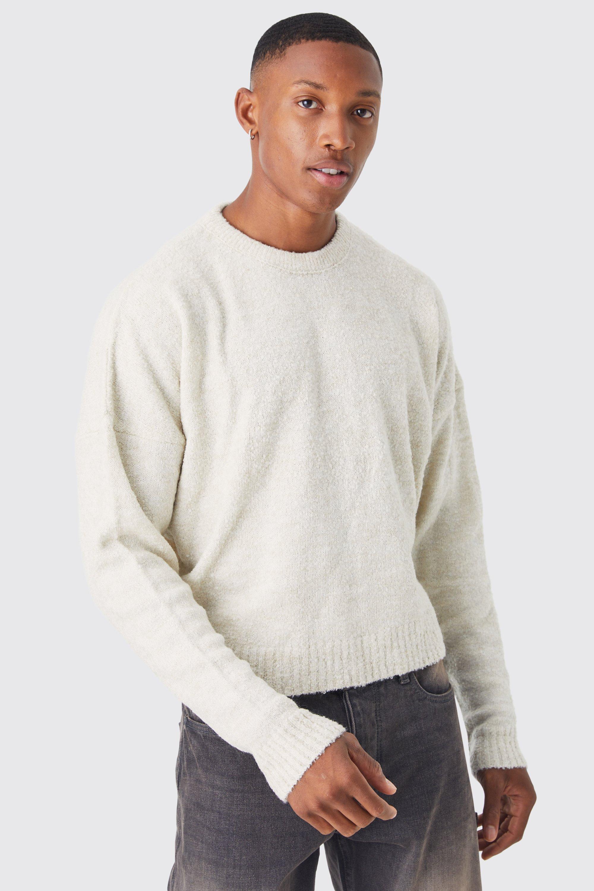 Mens Cream Boxy Boucle Knit Extended Neck Jumper, Cream