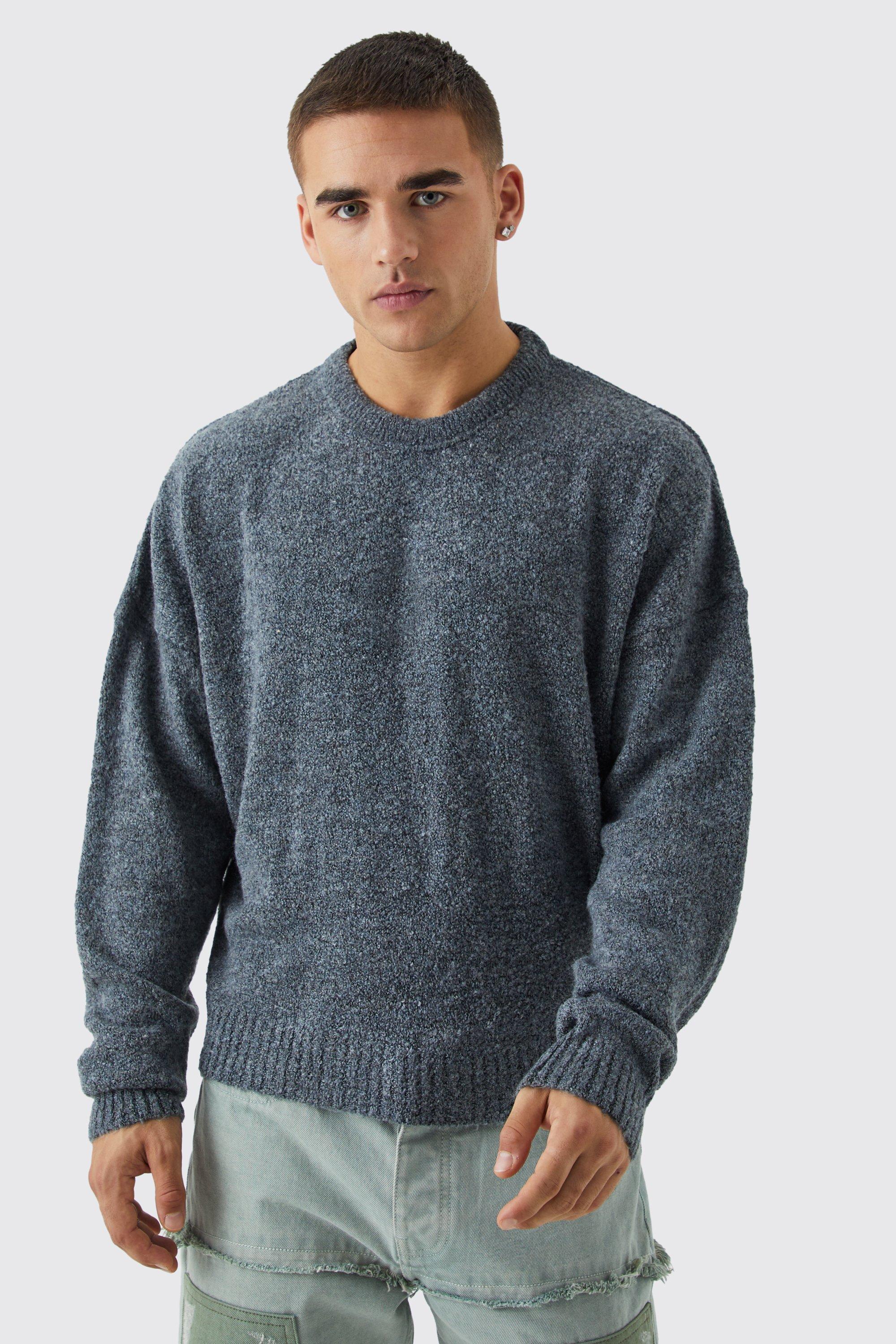 Mens Grey Boxy Boucle Knit Extended Neck Jumper, Grey