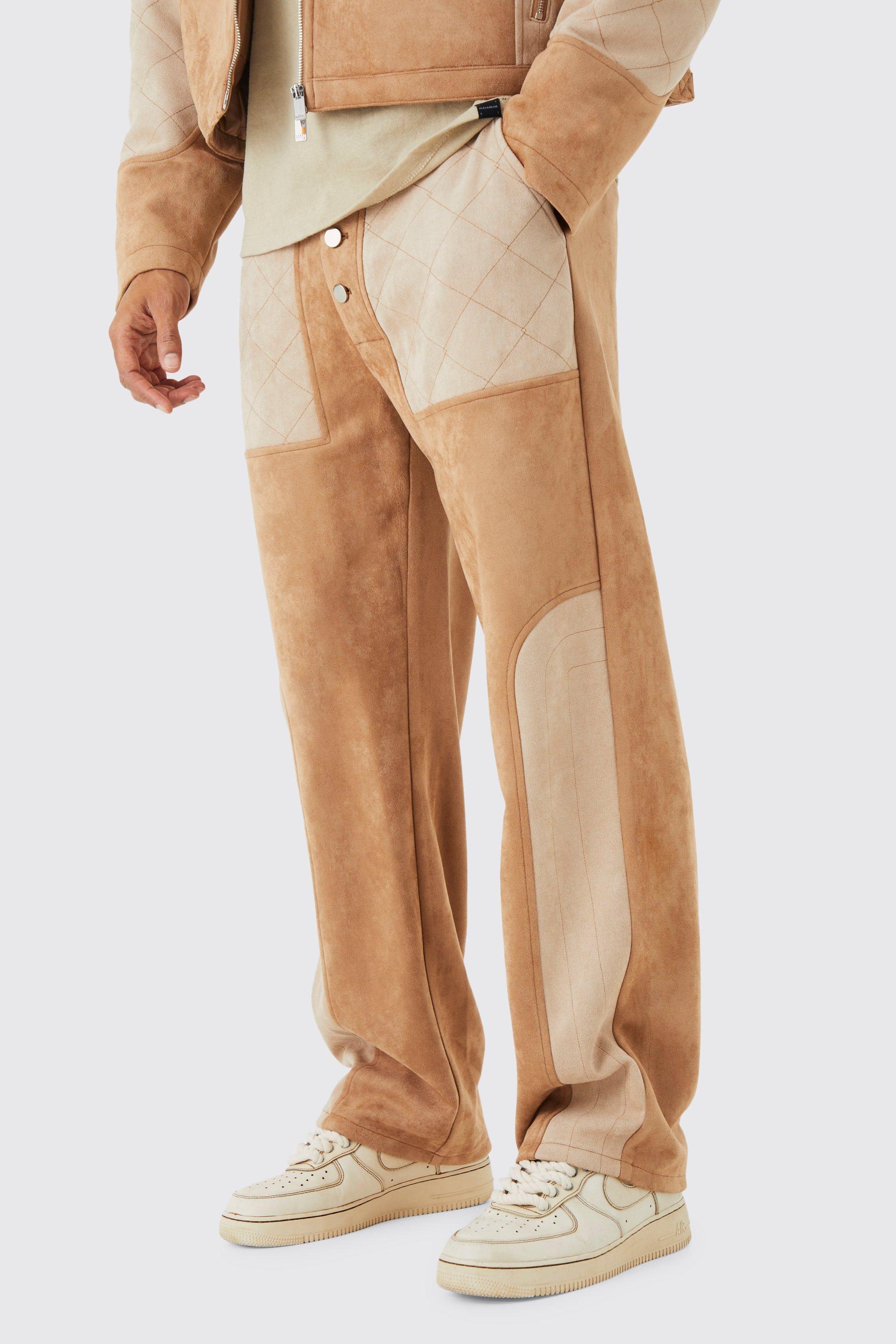 Mens Cream Relaxed Suede Quilted Panel Trouser, Cream