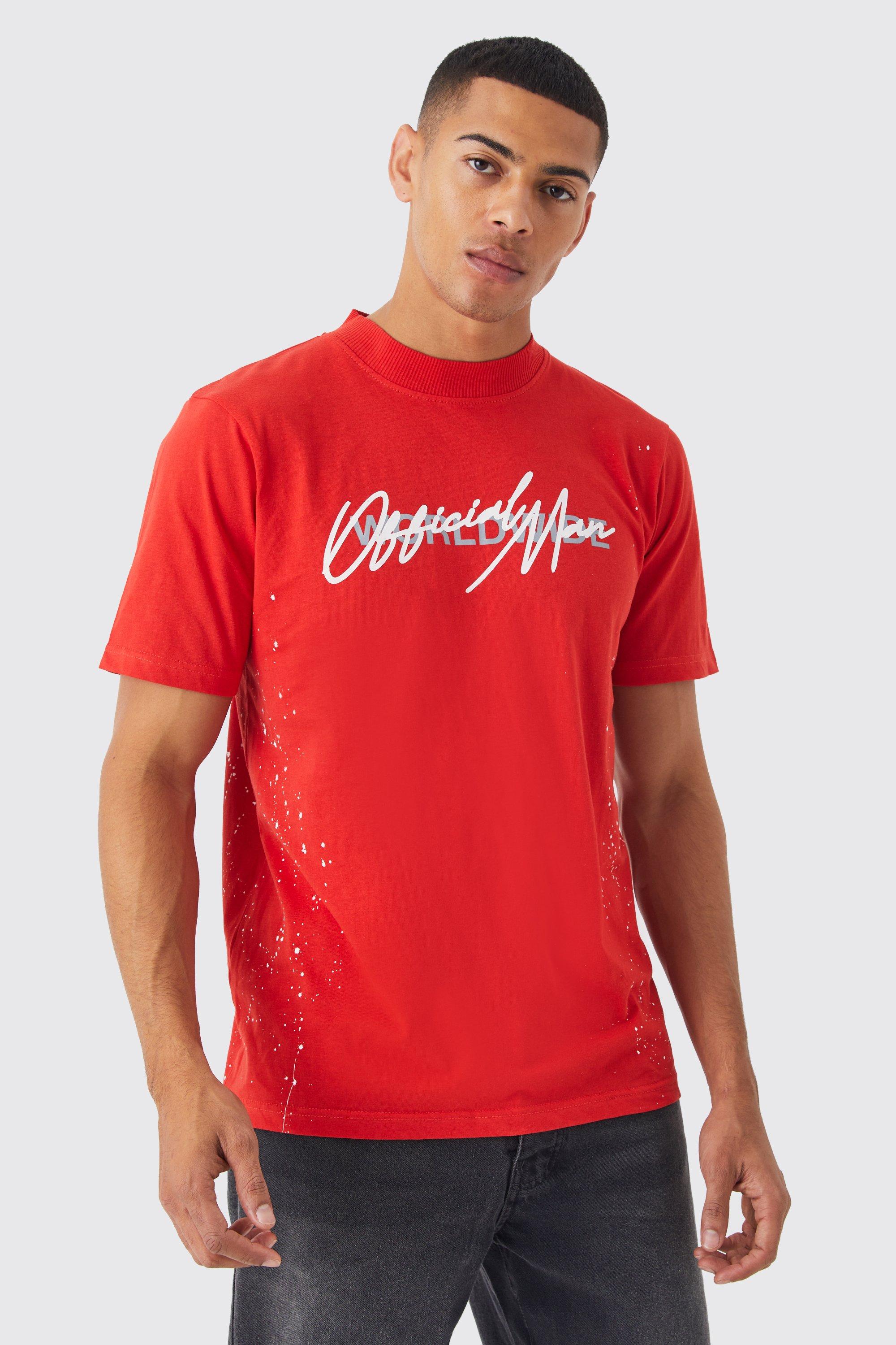 Mens Red Graffiti Paint Splatter T-shirt, Red