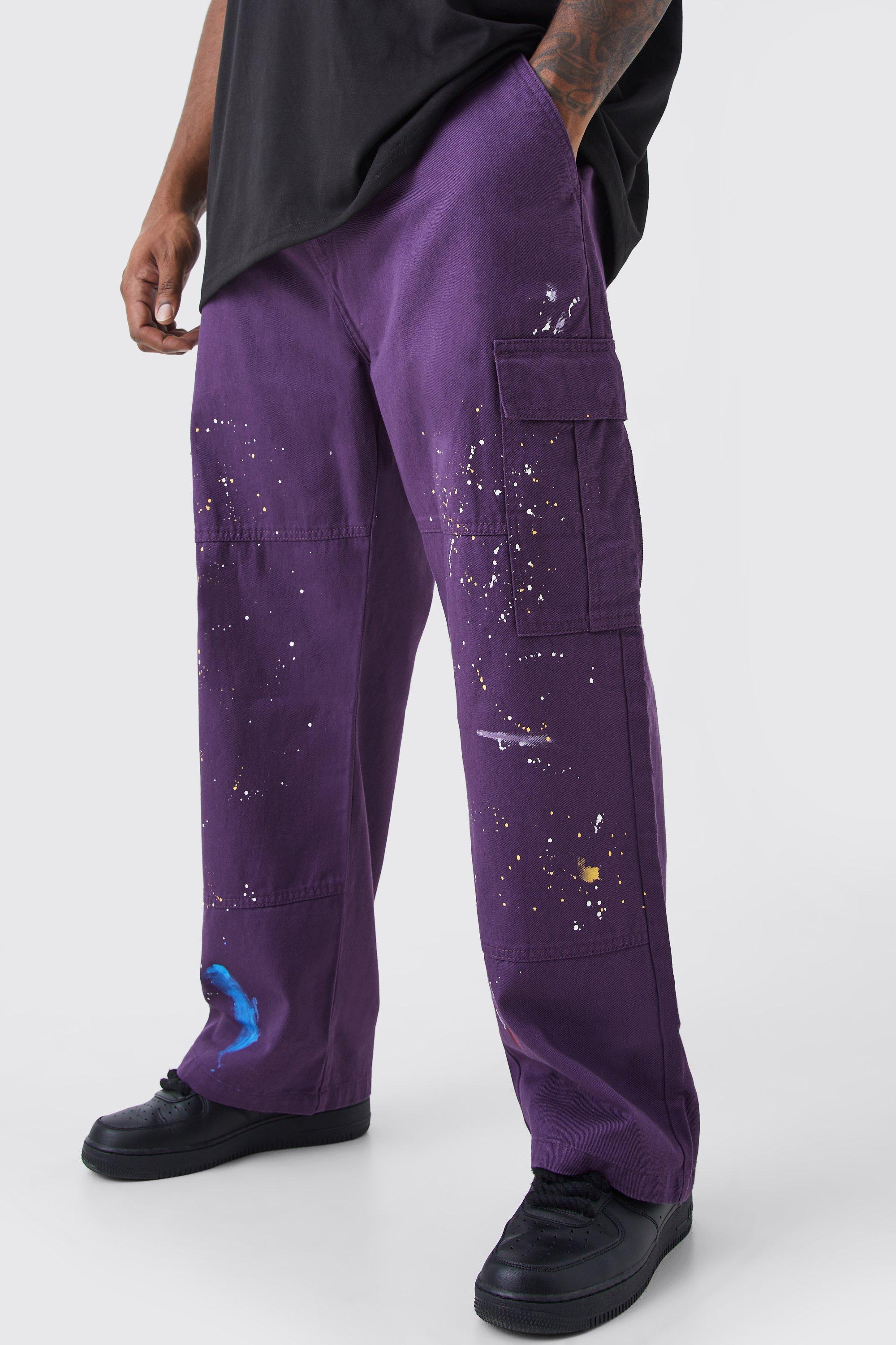 Mens Purple Plus Straight Leg Cargo All Over Paint Splatter Trouser, Purple