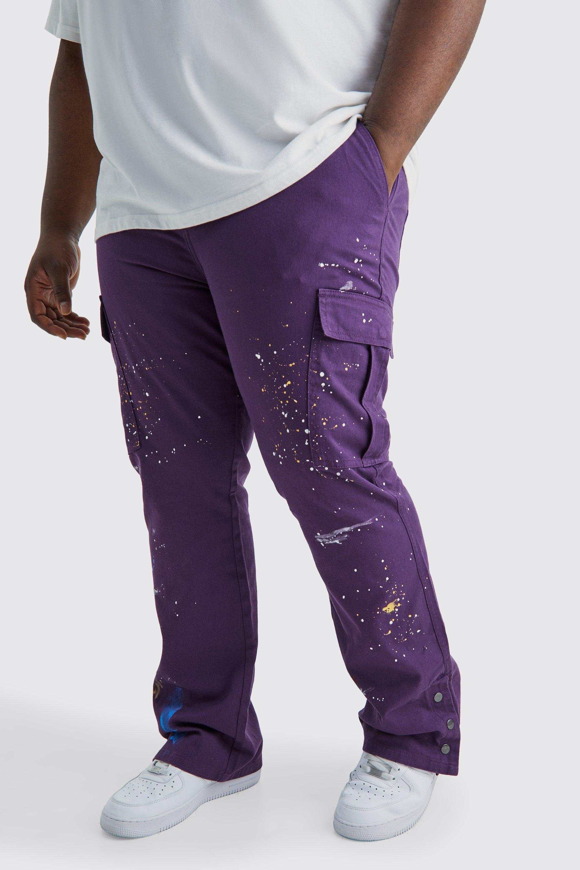 Image of Pantaloni Cargo Plus Size Slim Fit con bottoni a pressione sul fondo e schizzi di colore, Purple