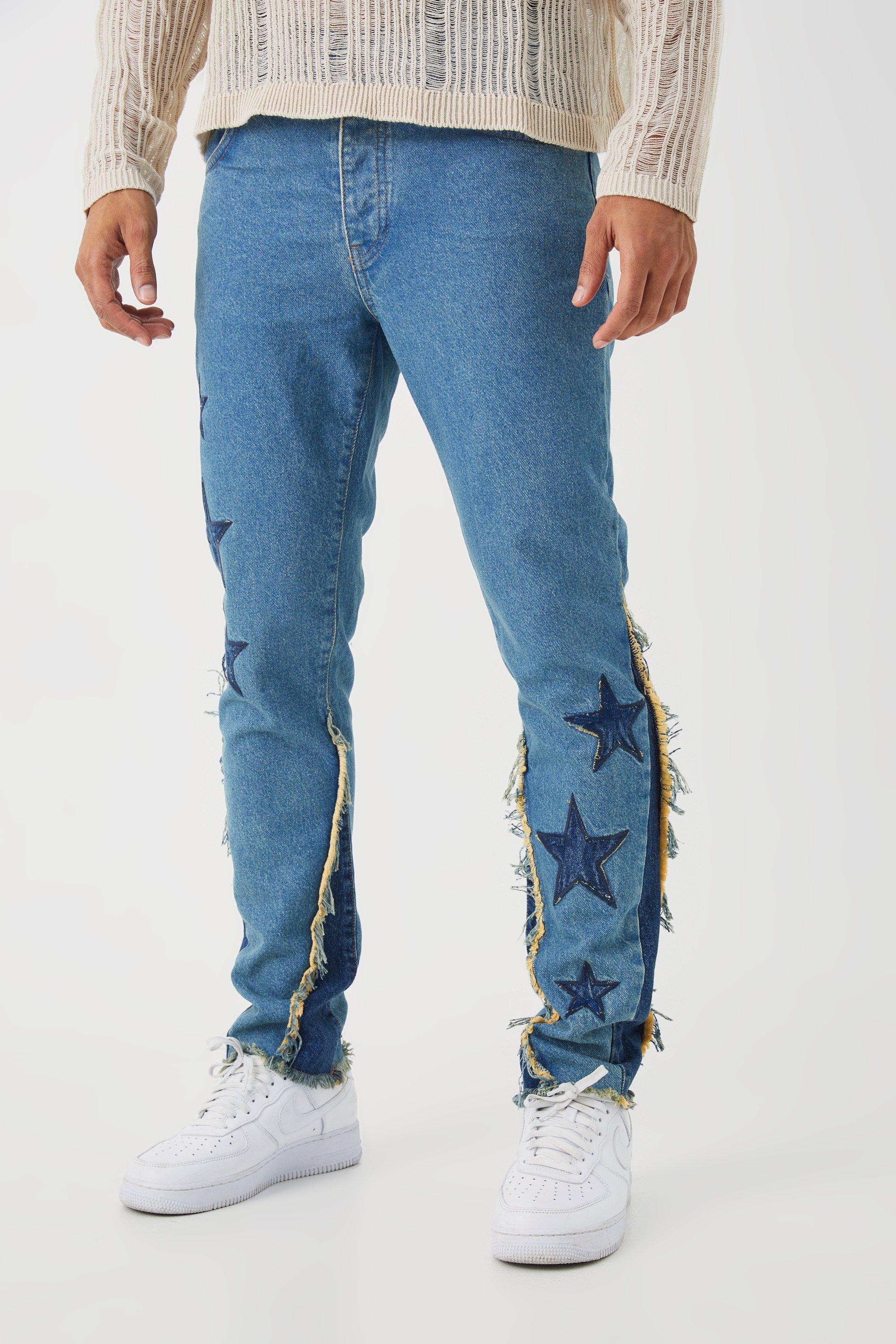 Mens Blue Slim Rigid Star Applique Gusset Jeans, Blue