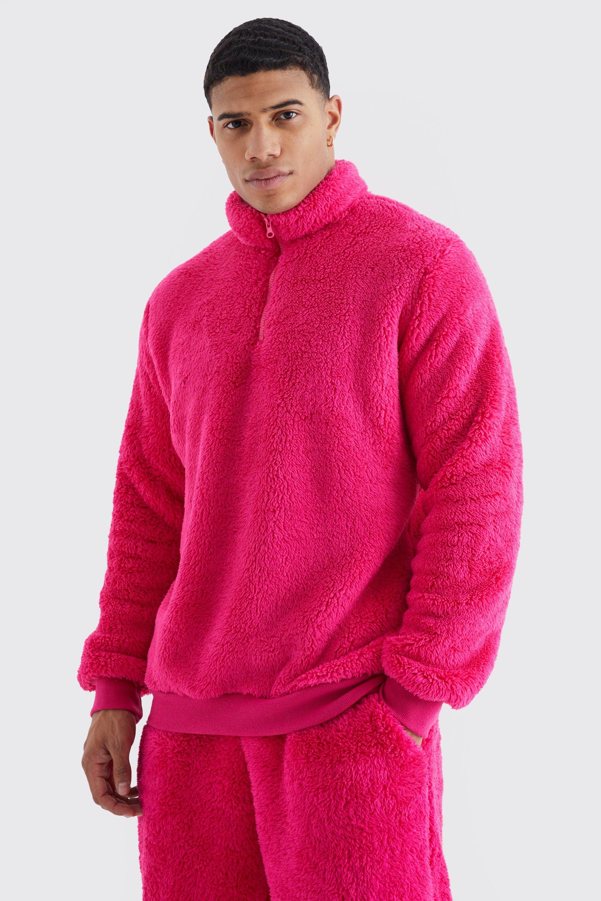 Mens Pink Oversized Borg Funnel Neck Sweatshirt, Pink