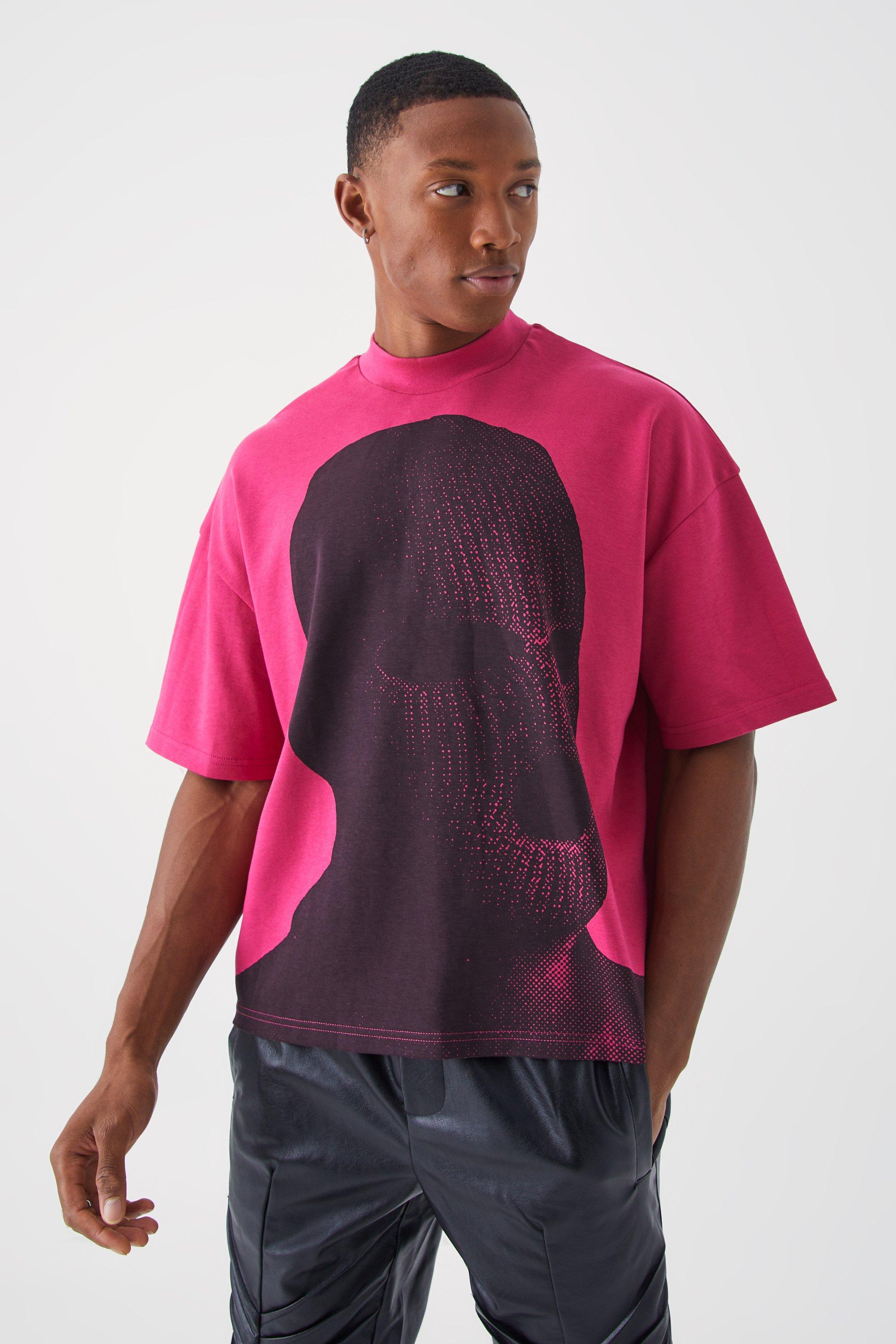 Mens Pink Oversized Boxy Heavyweight Interlock Graphic T-shirt, Pink
