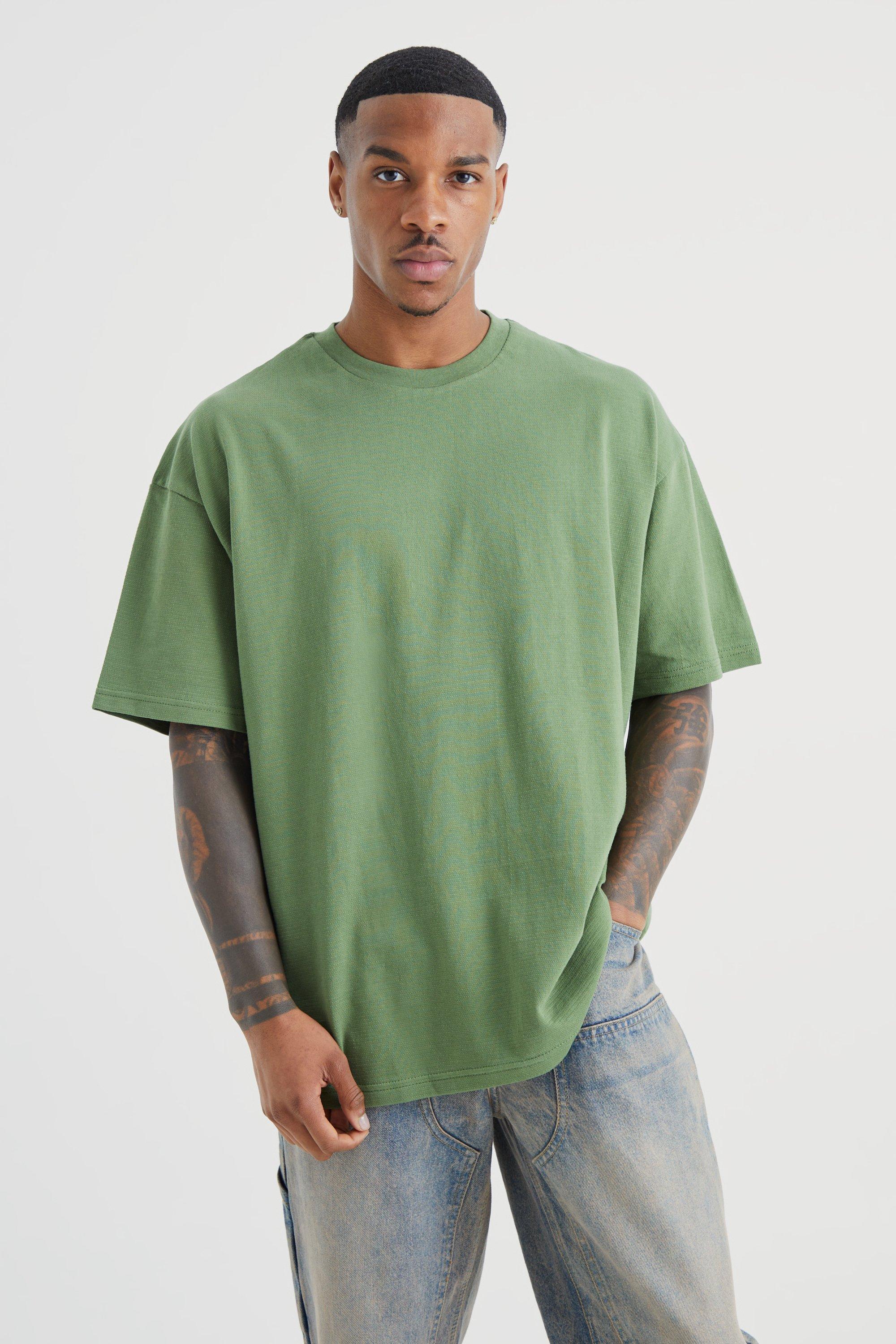 Mens Green Oversized Slub Textured T-shirt, Green