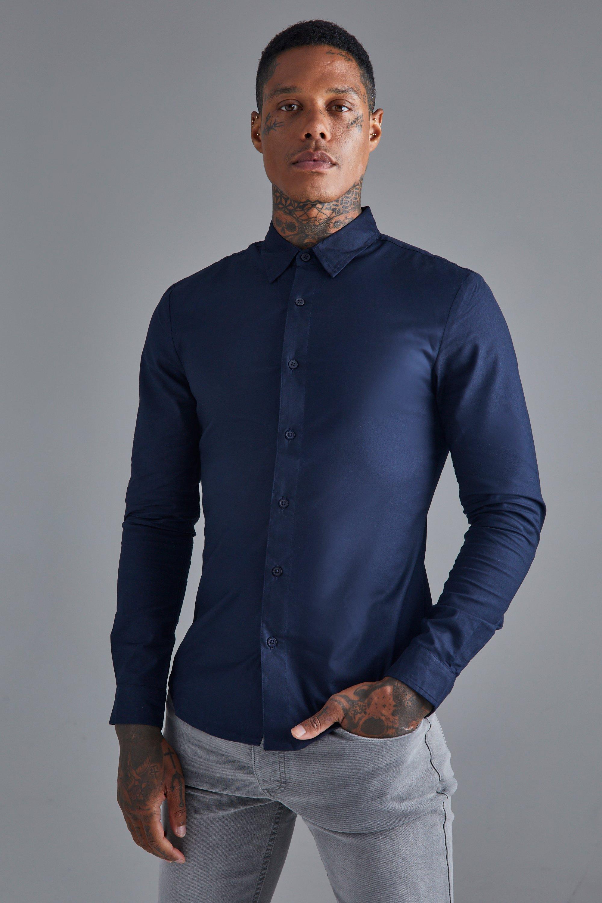 Mens Navy Long Sleeve Muscle Fit Shirt, Navy