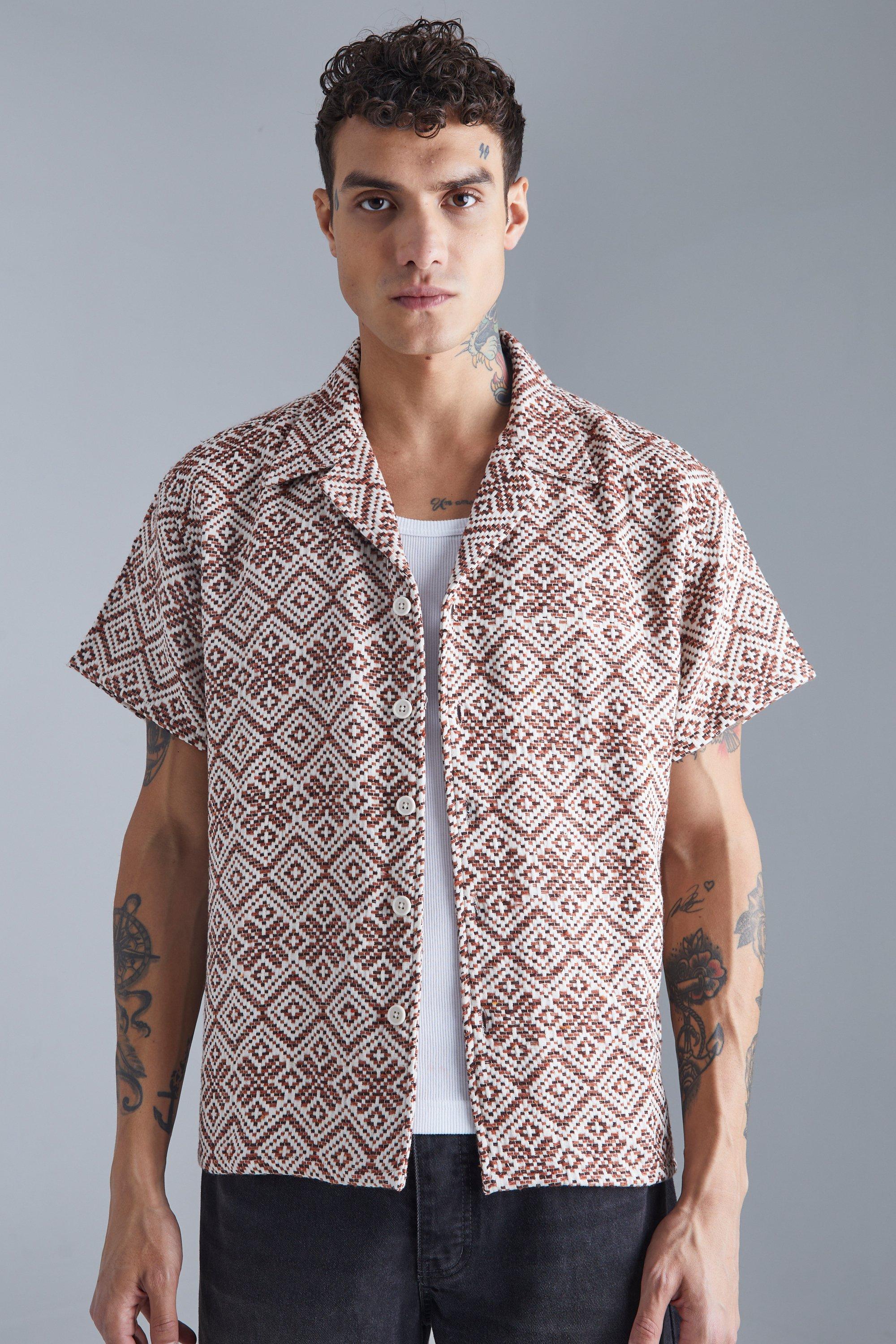 Mens Brown Short Sleeve Boxy Floral Patterned Jacquard Shirt, Brown