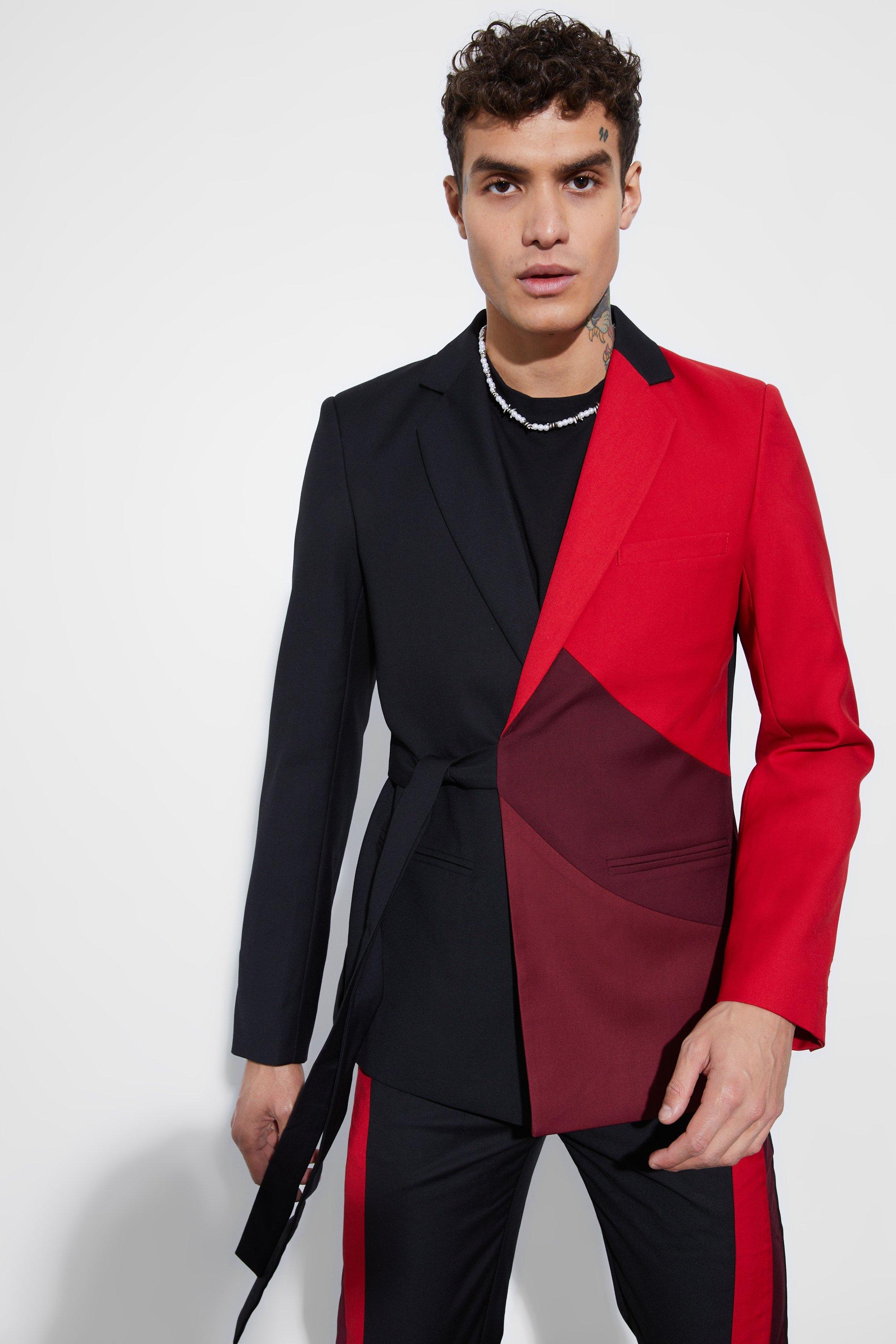 Mens Red Skinny Fit Colour Block Wrap Front Blazer, Red