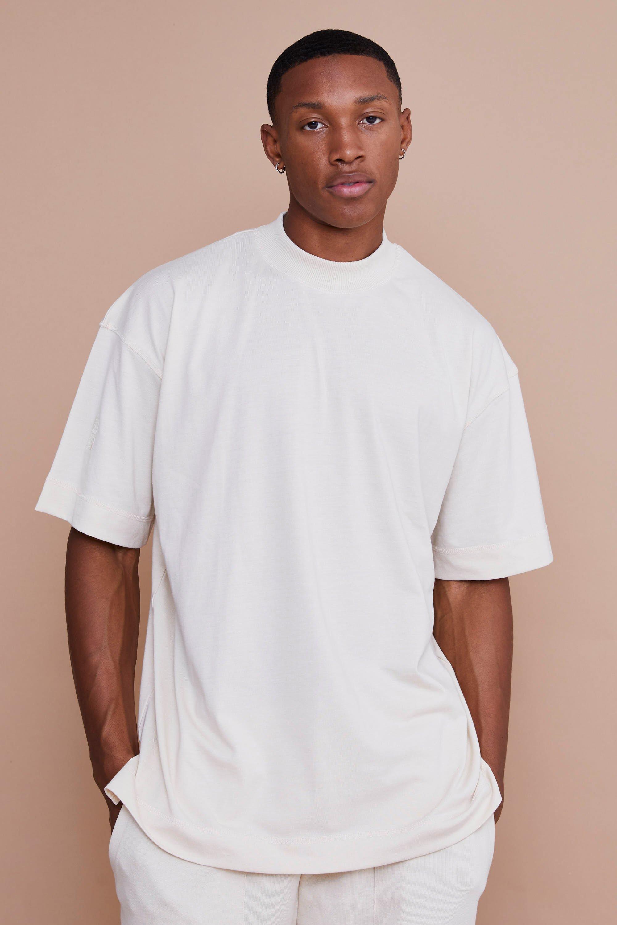 Mens Cream Oversized Extended Neck T-shirt, Cream