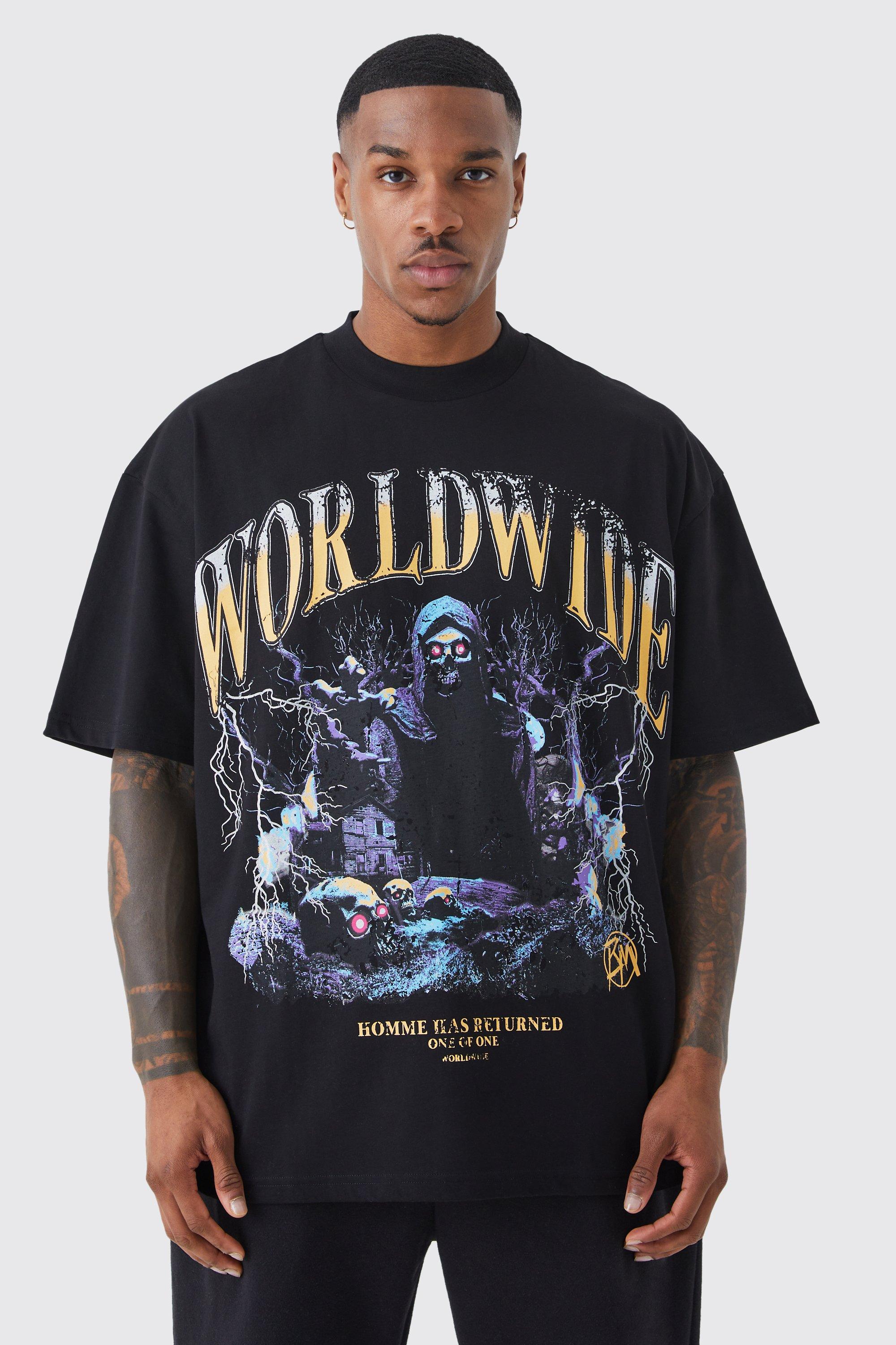 Mens Black Oversized Graphic Reflective T-shirt, Black