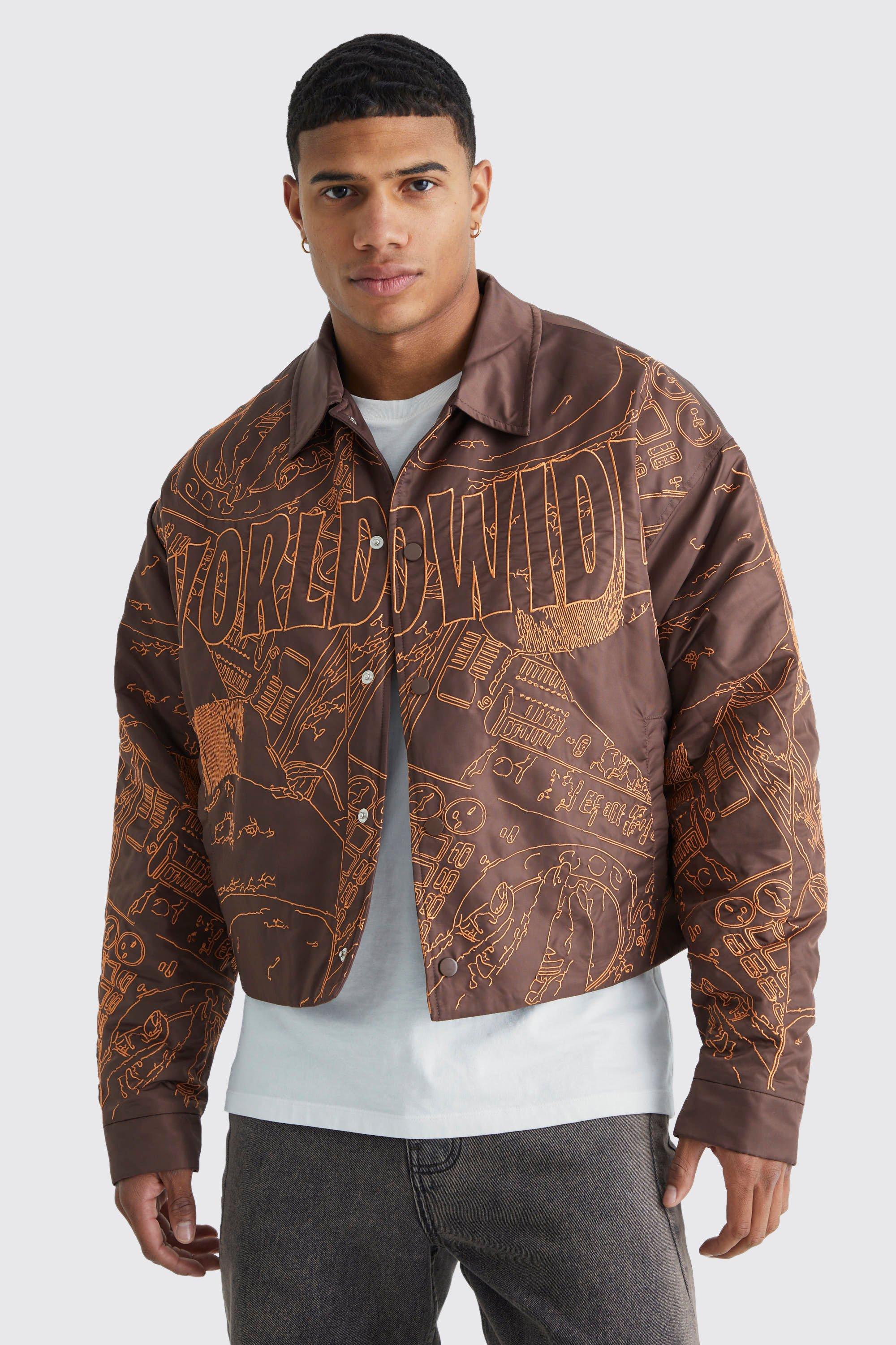 Mens Brown Boxy Nylon All Over Embroidery Bomber Jacket, Brown