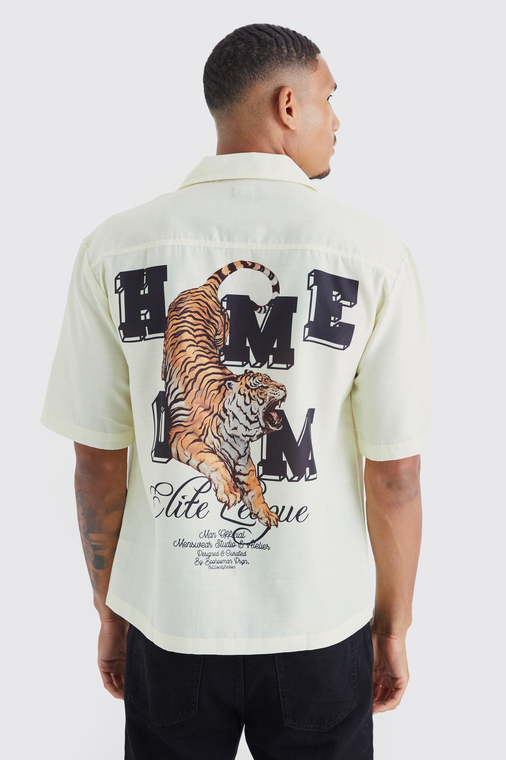 Mens Cream Tall Dropped Revere Slub Tiger Back Print Shirt, Cream