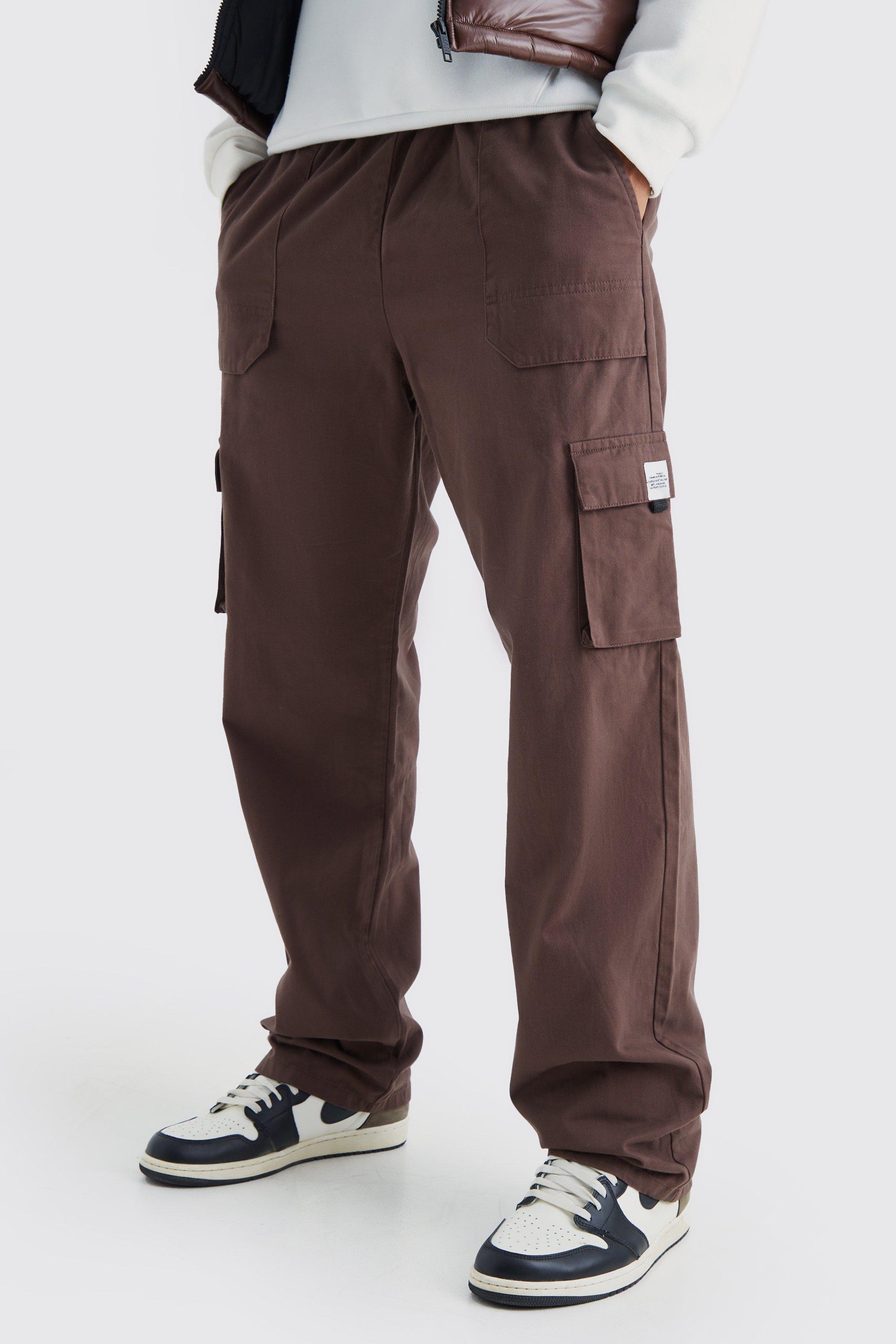 Mens Brown Tall Elastic Waist Relaxed Fit Buckle Cargo Jogger, Brown