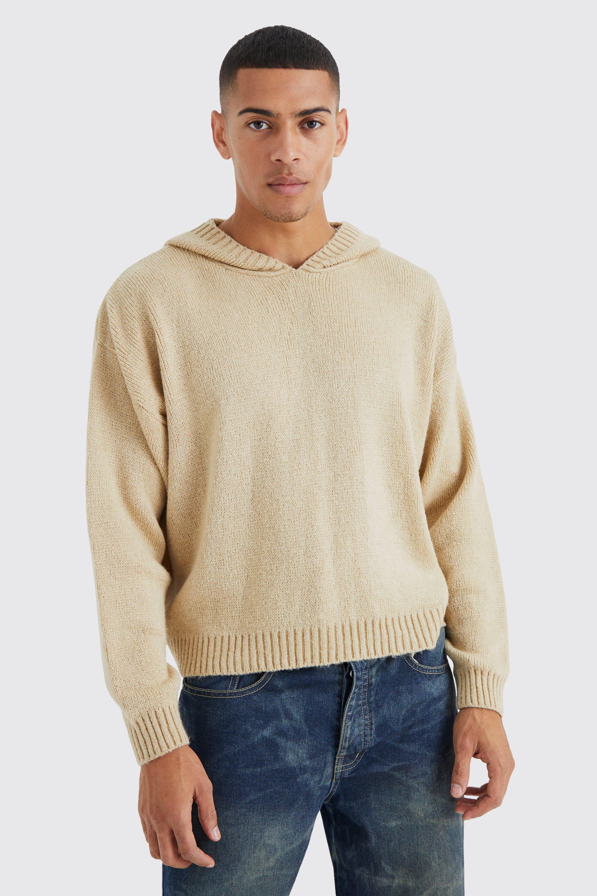Mens Cream Boxy Brushed Ribbed Knitted Hoodie, Cream