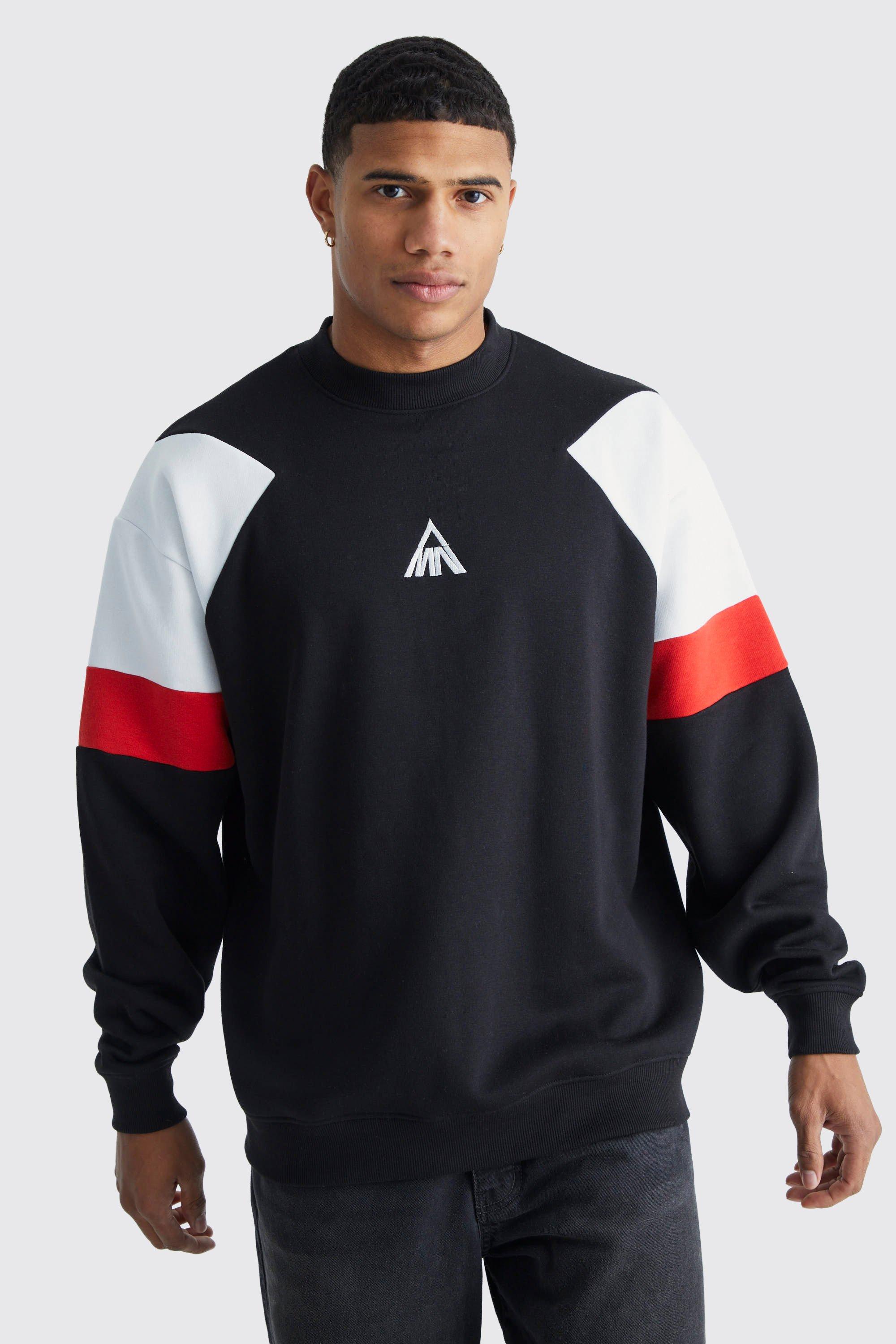 Mens Red Oversized Extended Neck Branded Colour Block Sweatshirt, Red