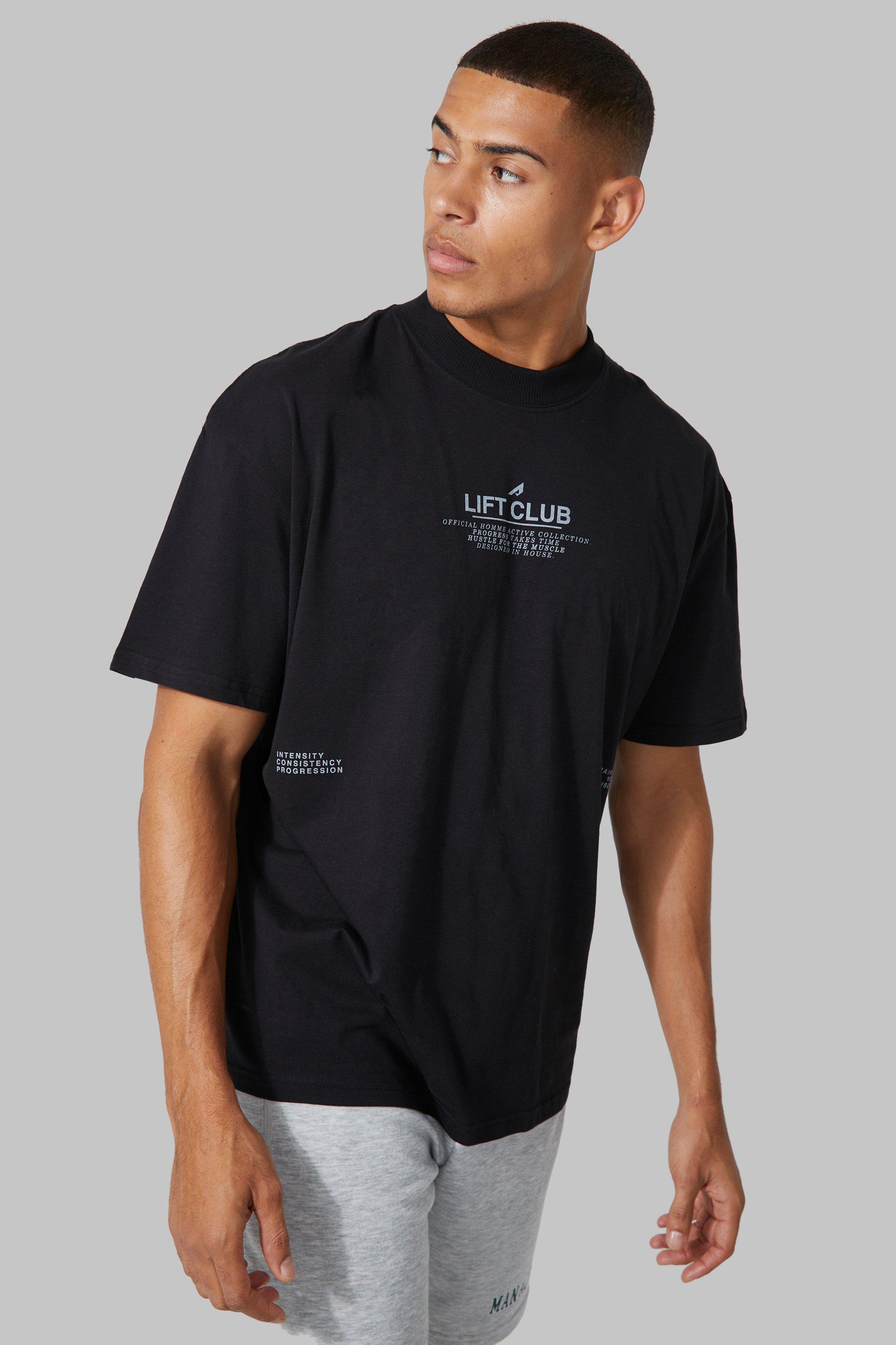 Mens Black Active Lift Club Oversized Text Print T-shirt, Black