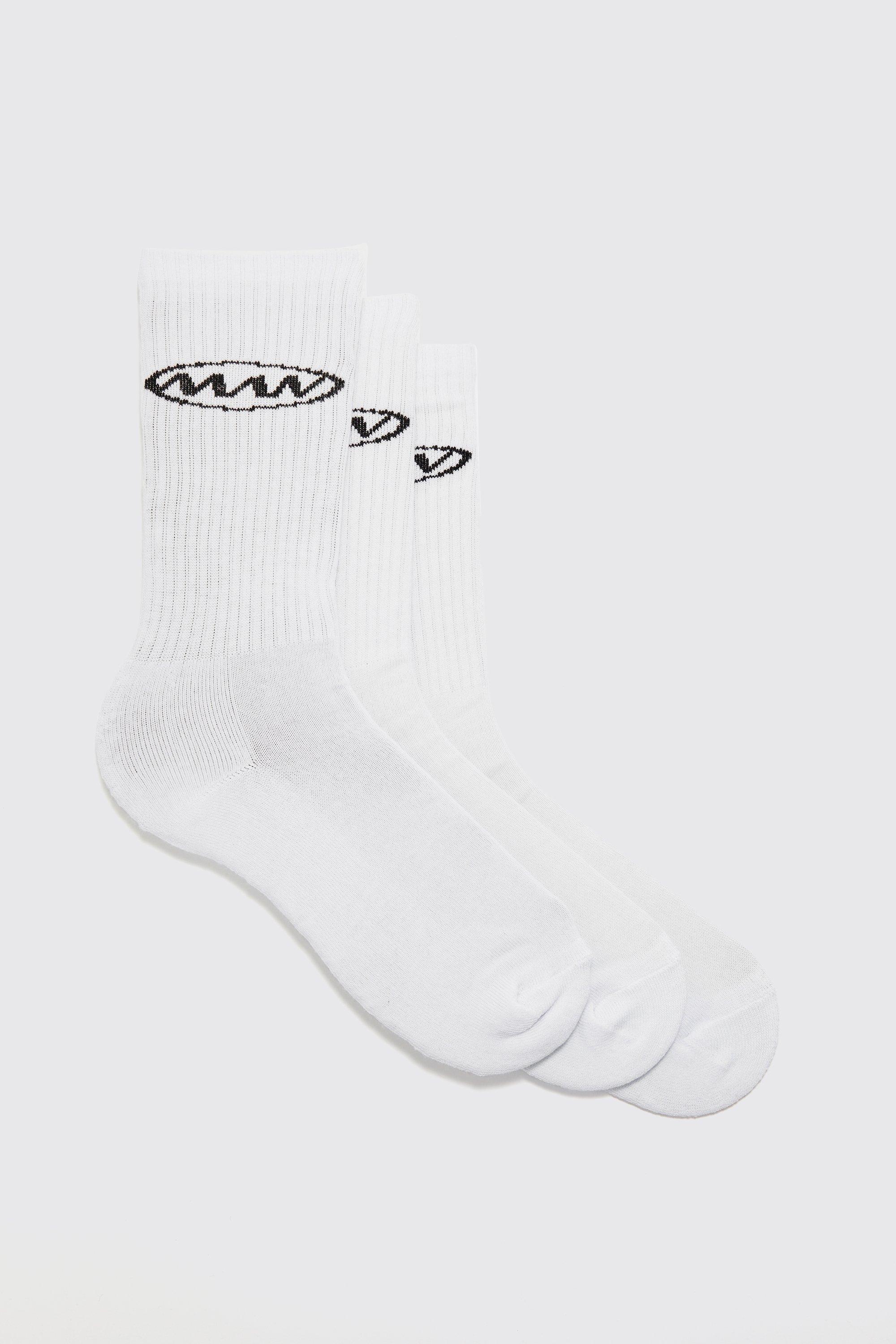 Mens White 3 Pack Man Logo Sports Socks, White