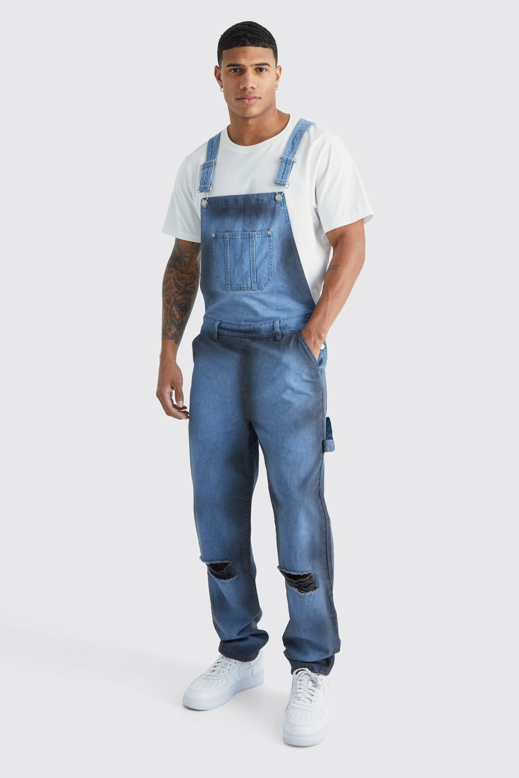 Mens Blue Relaxed Spray Paint Dungaree, Blue
