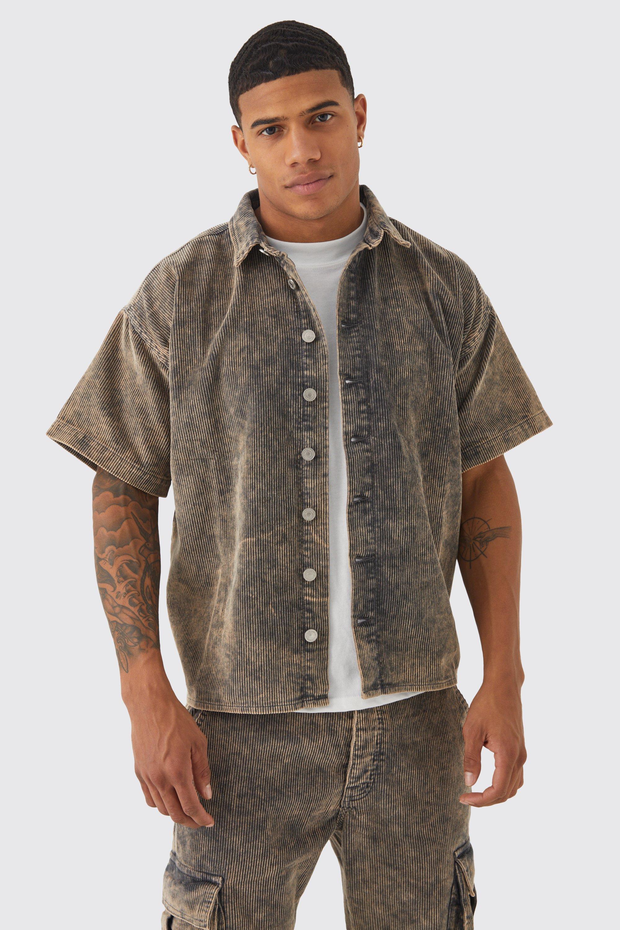 Mens Grey Boxy Short Sleeve Acid Wash Cord Shirt, Grey