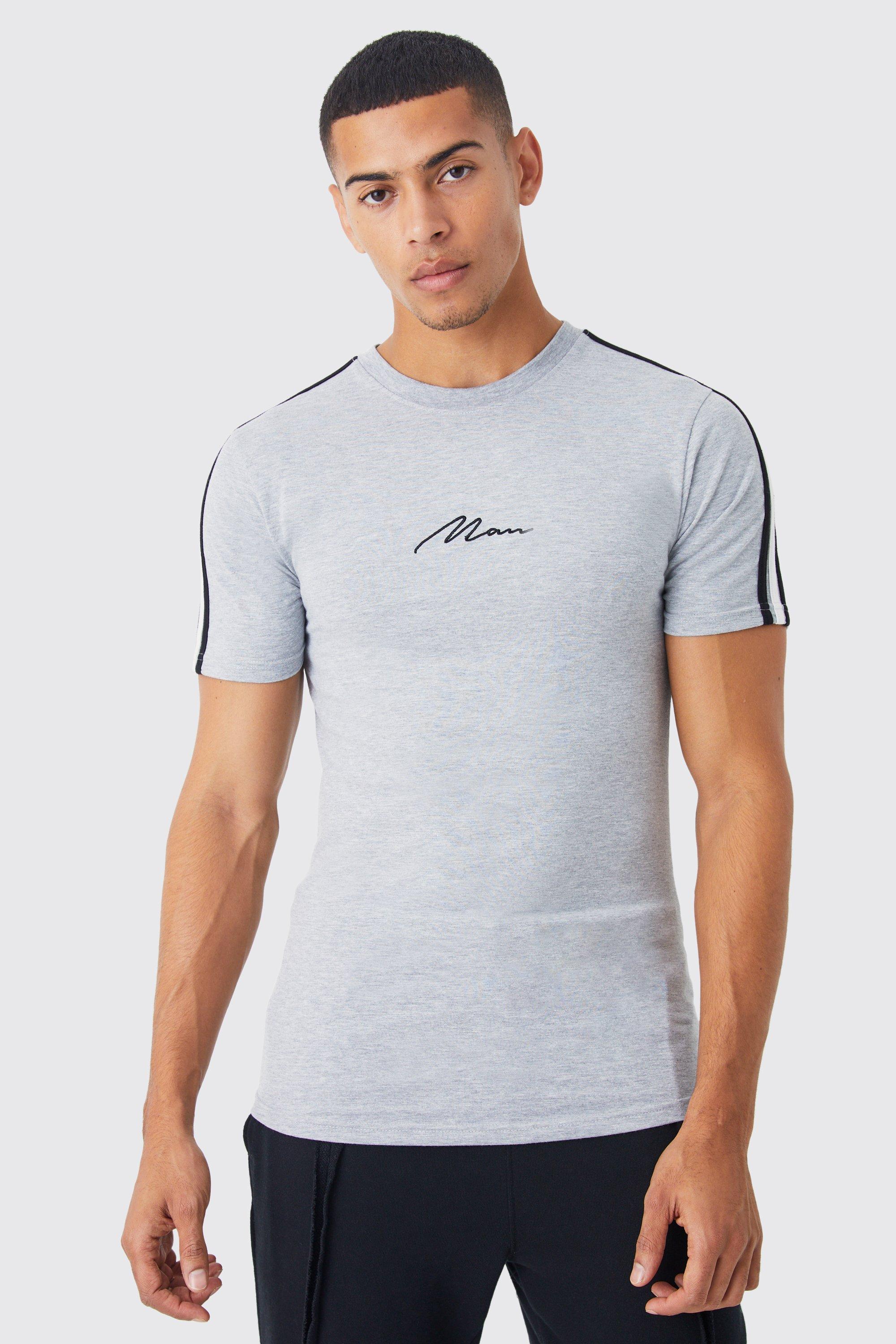 Mens Grey Muscle Fit Man Curve Hem Tape T-shirt, Grey