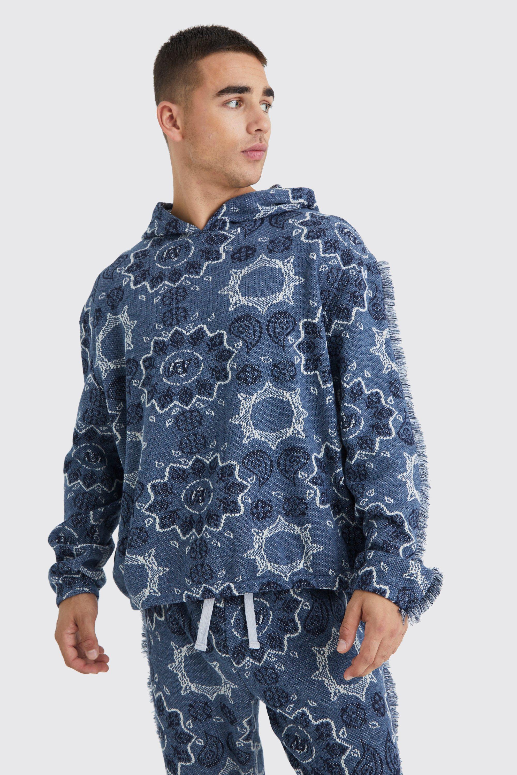 Mens Blue Oversized Fringed Heavyweight Jacquard Tapestry Hoodie, Blue