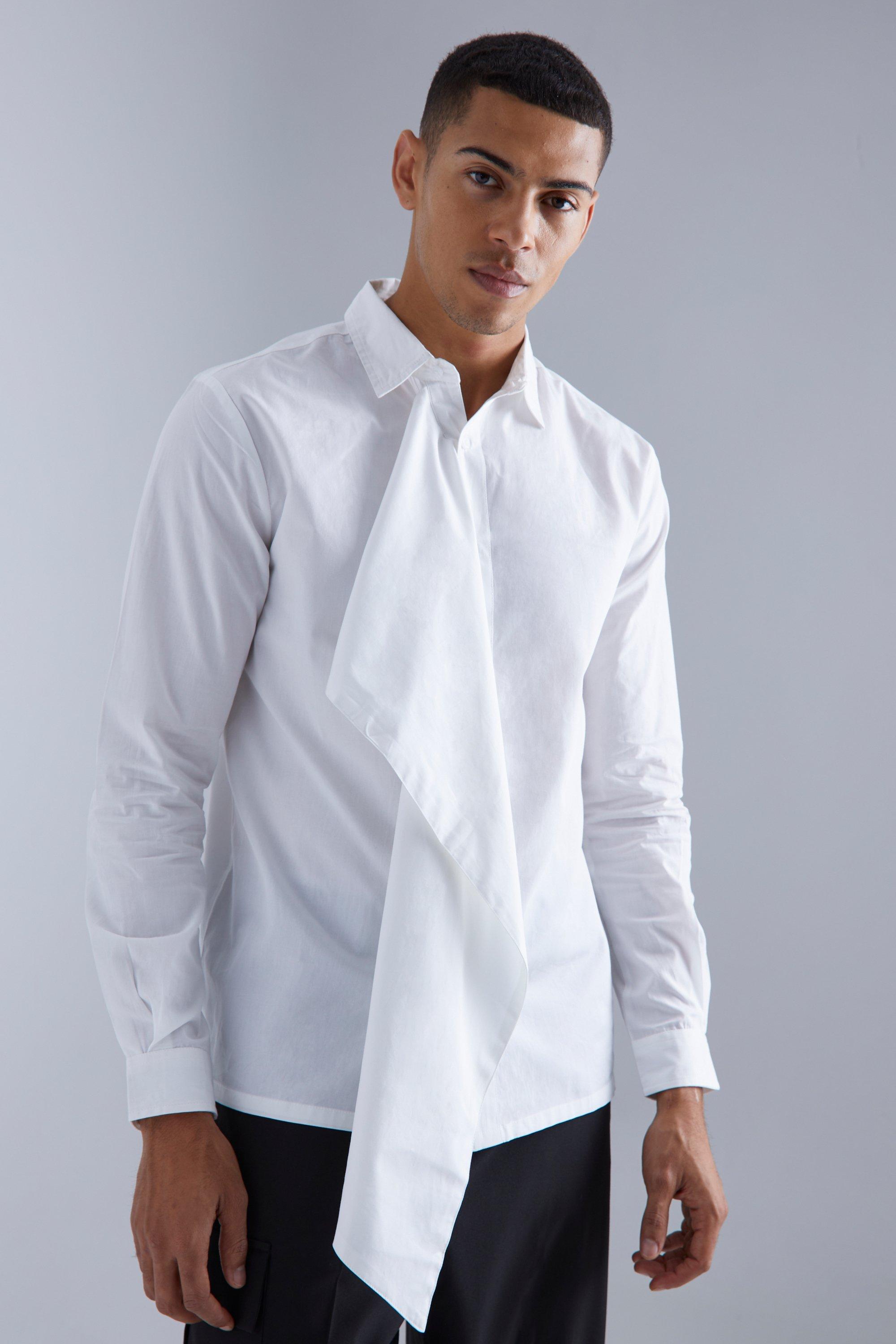 Mens White Longsleeve Asymmetrical Shirt, White