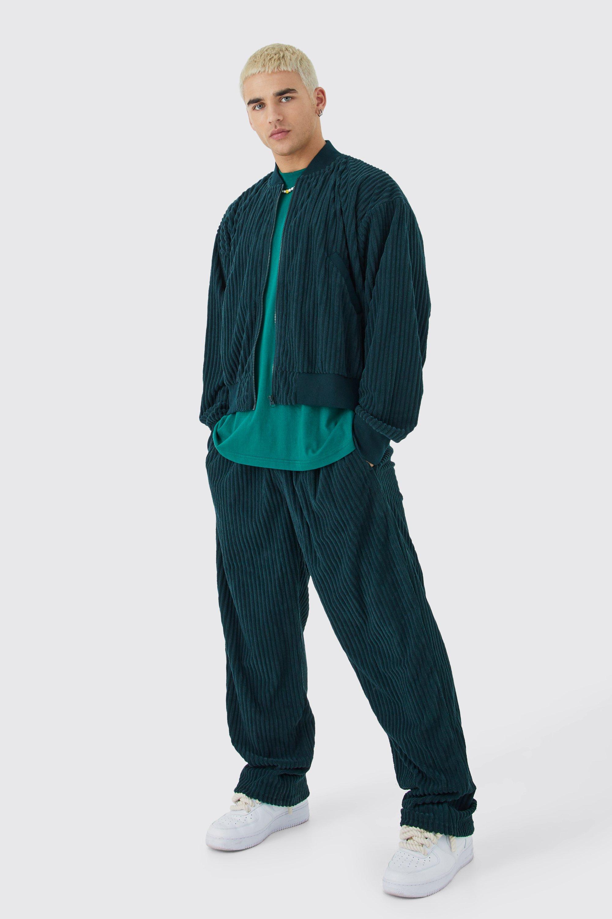 Image of Set giacca Bomber squadrata in ciniglia a coste & pantaloni rilassati in vita, Verde