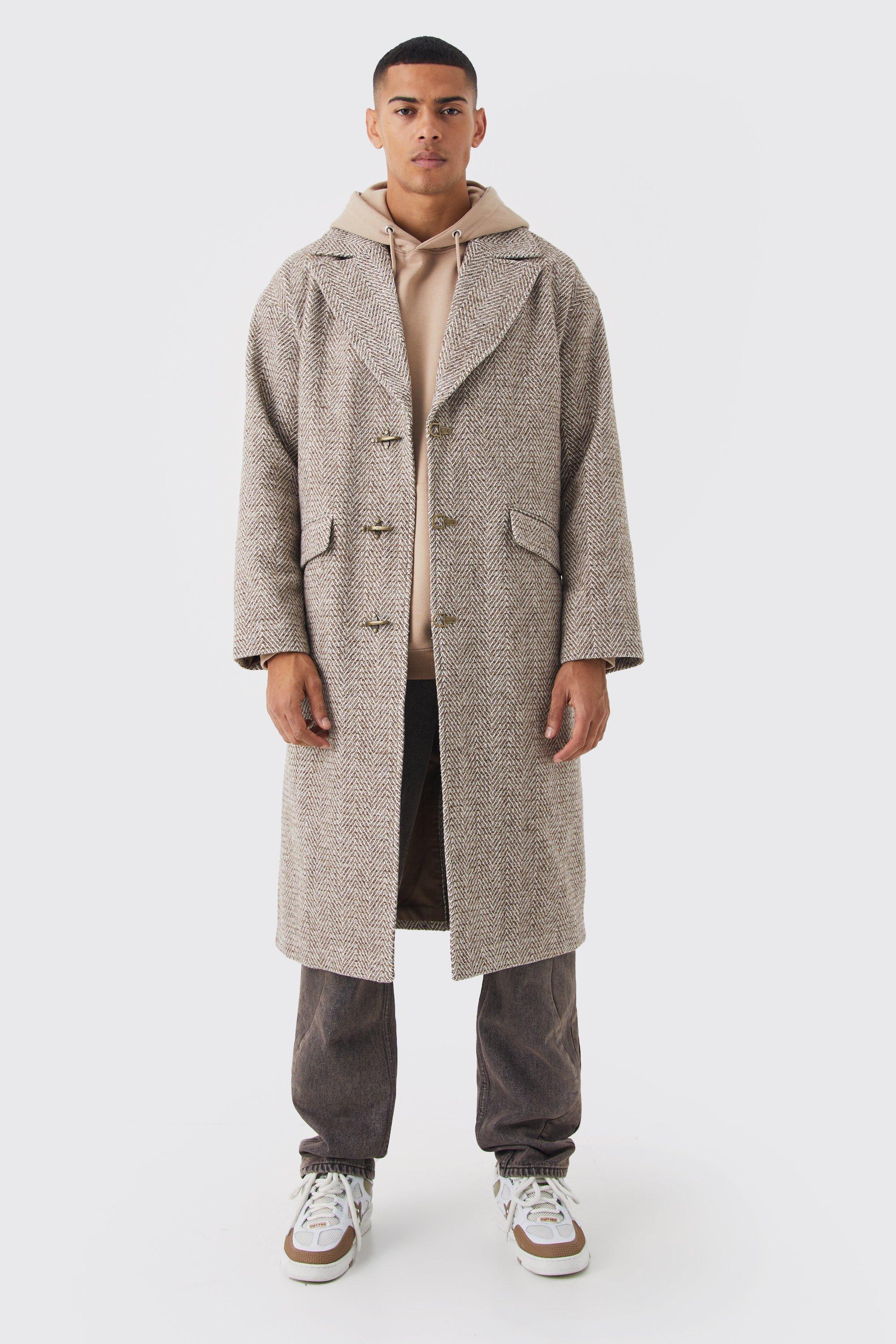 Mens Brown Wool Look Overcoat With Metal Clasp, Brown