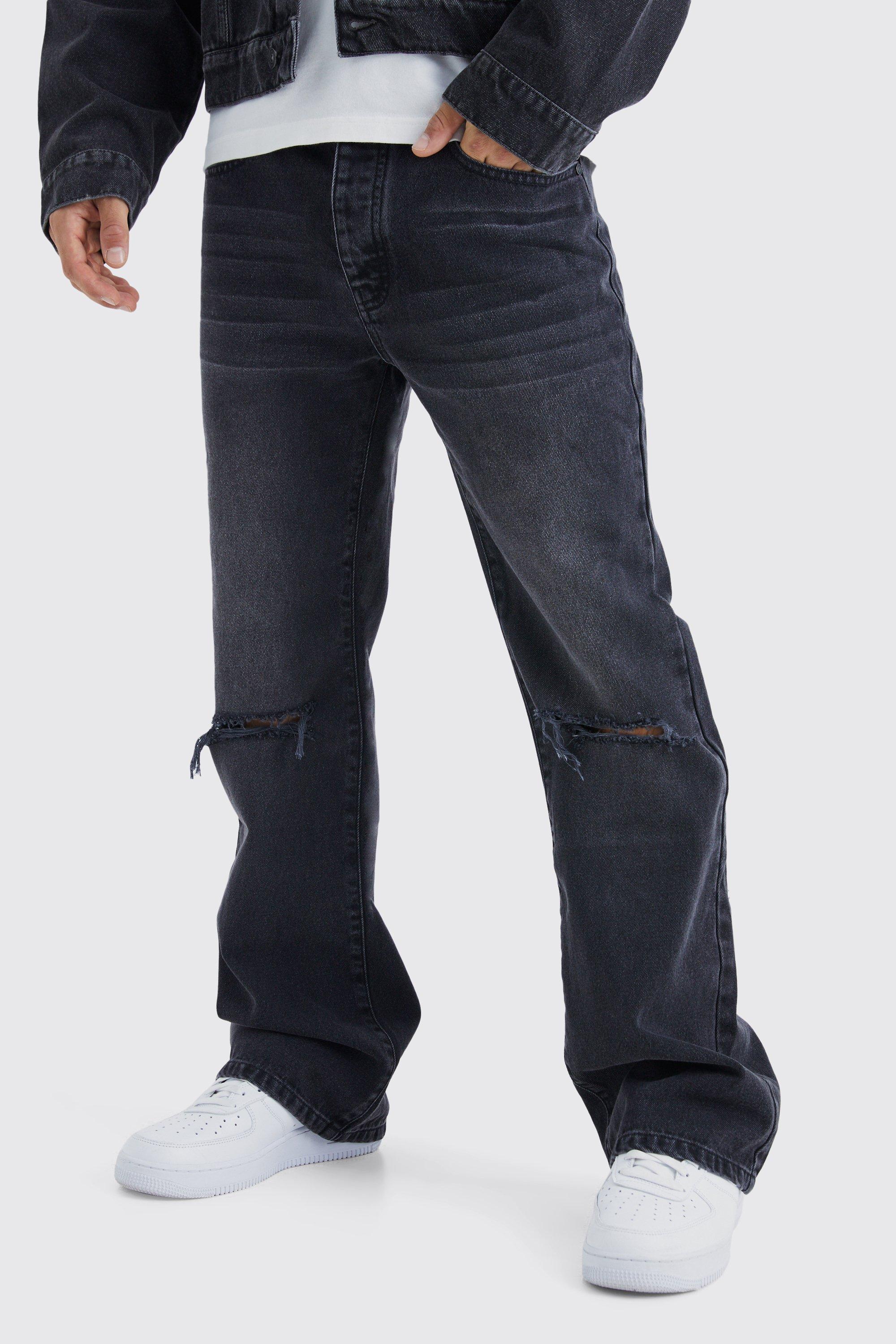 Mens Black Relaxed Rigid Flare Jean With Knee Rips, Black