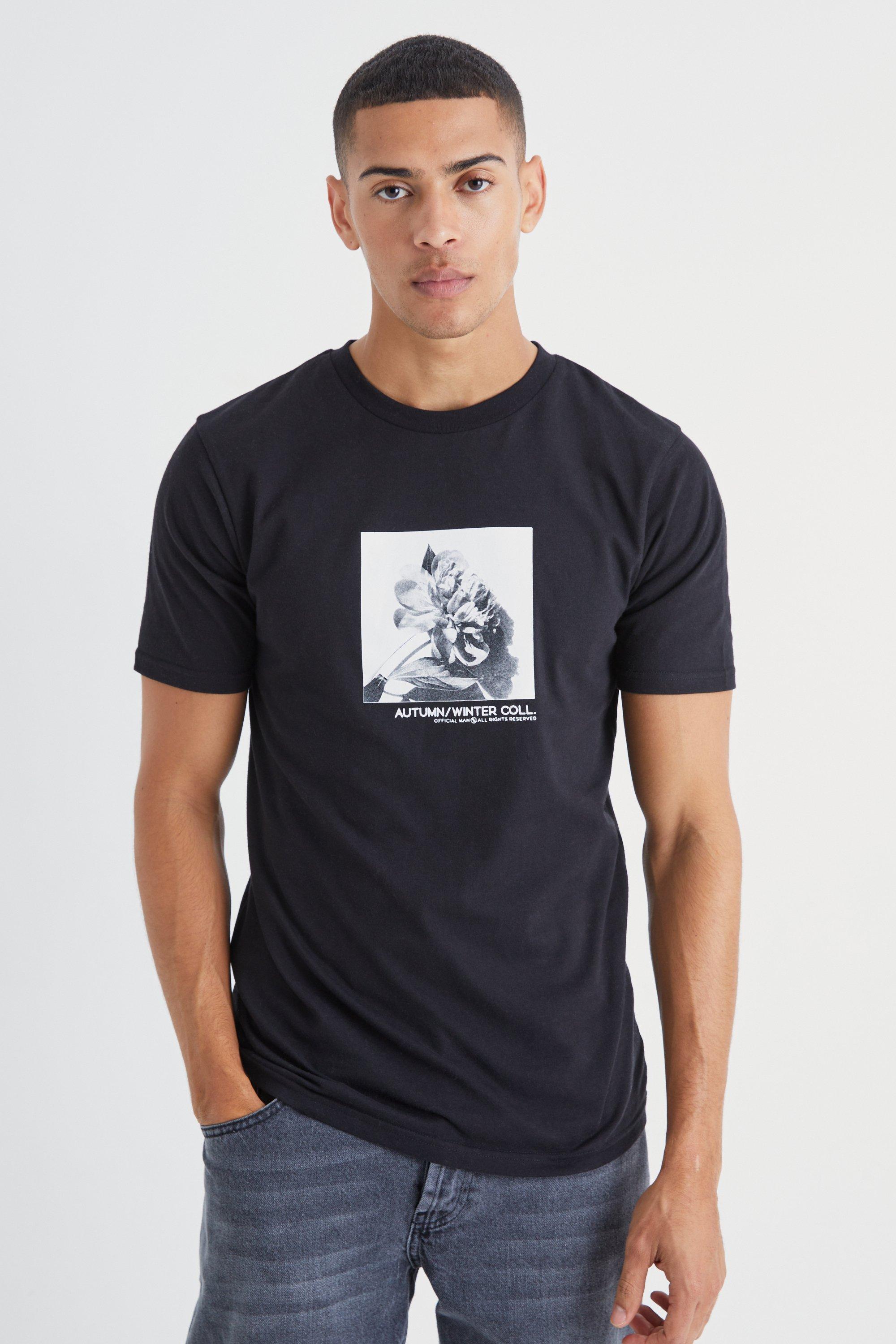 Image of T-shirt pesante Slim Fit con grafica stampata, Nero