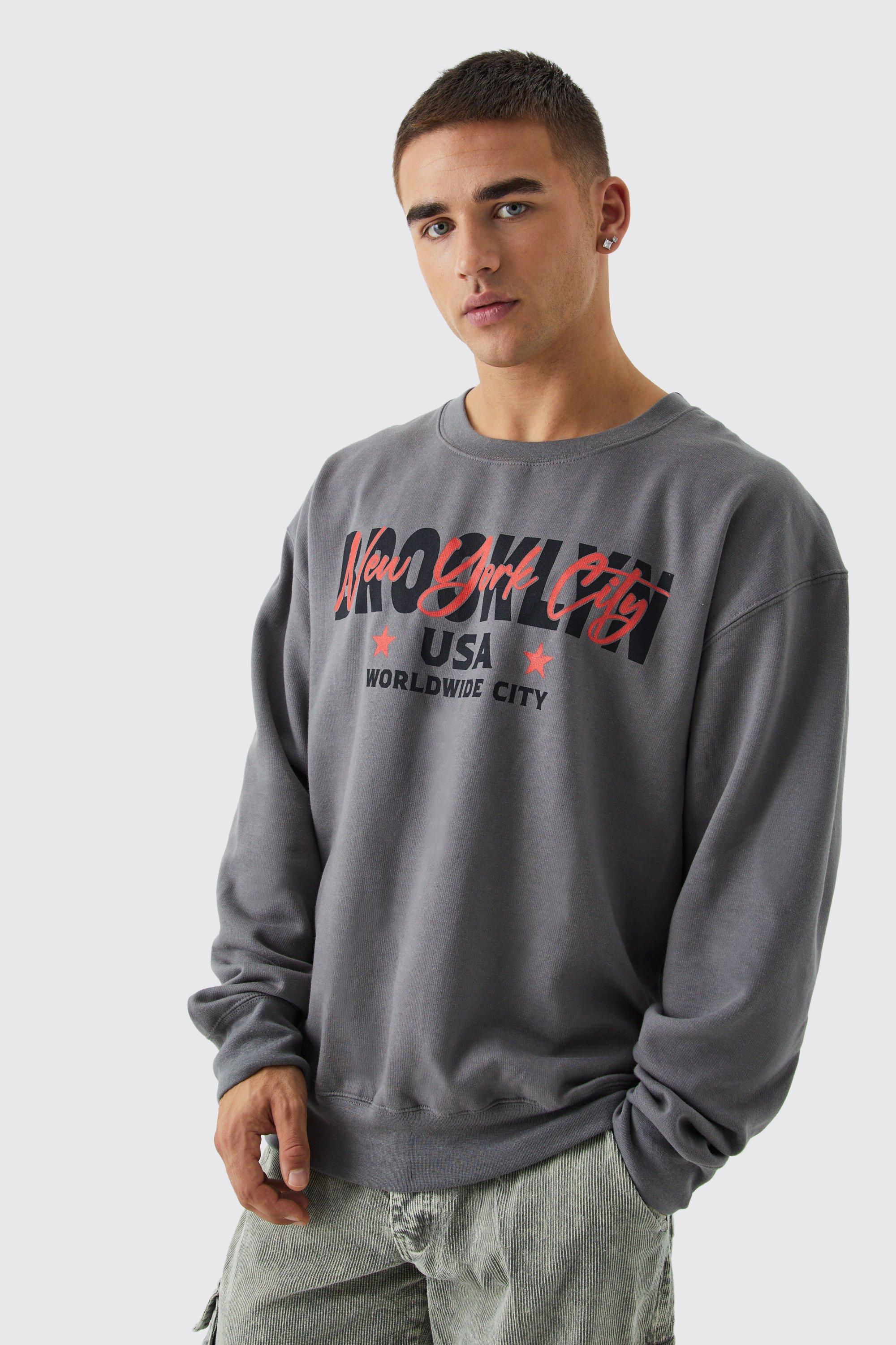 Mens Grey Oversized Brooklyn Graphic Sweatshirt, Grey