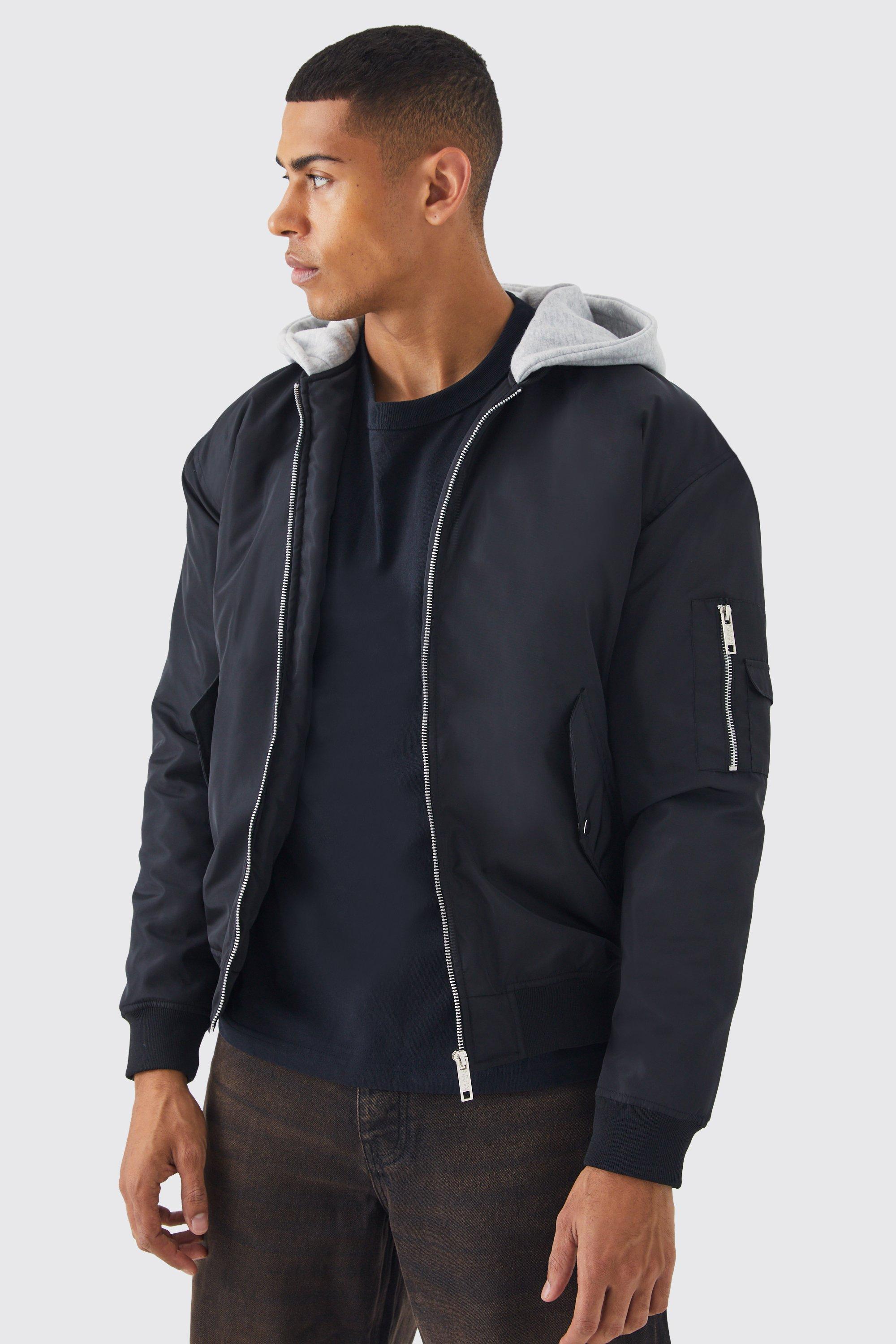 Mens Black Ma1 Bomber With Jersey Hood, Black