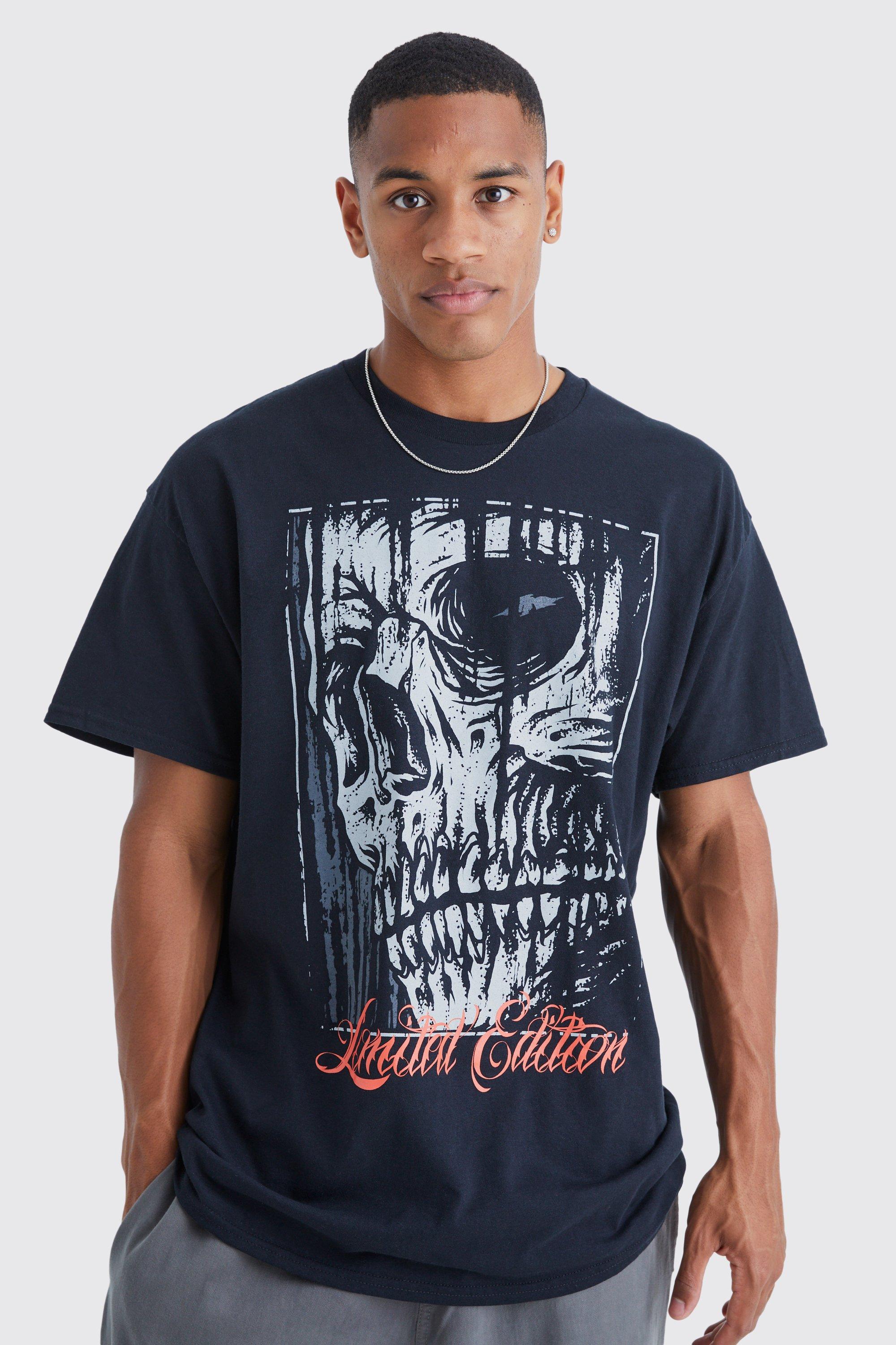 Mens Black Oversized Limited Edition Skull T-shirt, Black