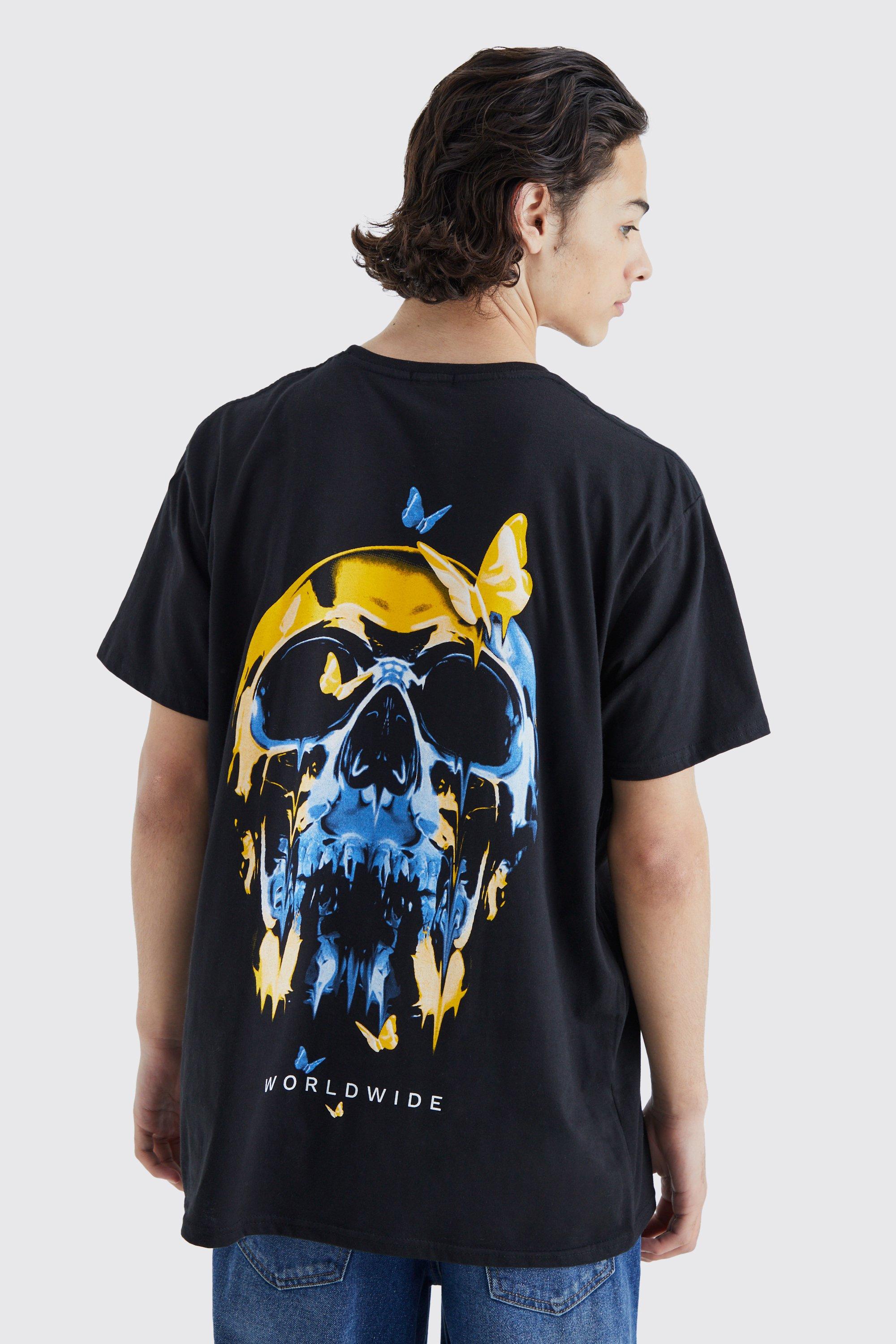 Mens Black Oversized Skull Butterfly Graphic T-shirt, Black