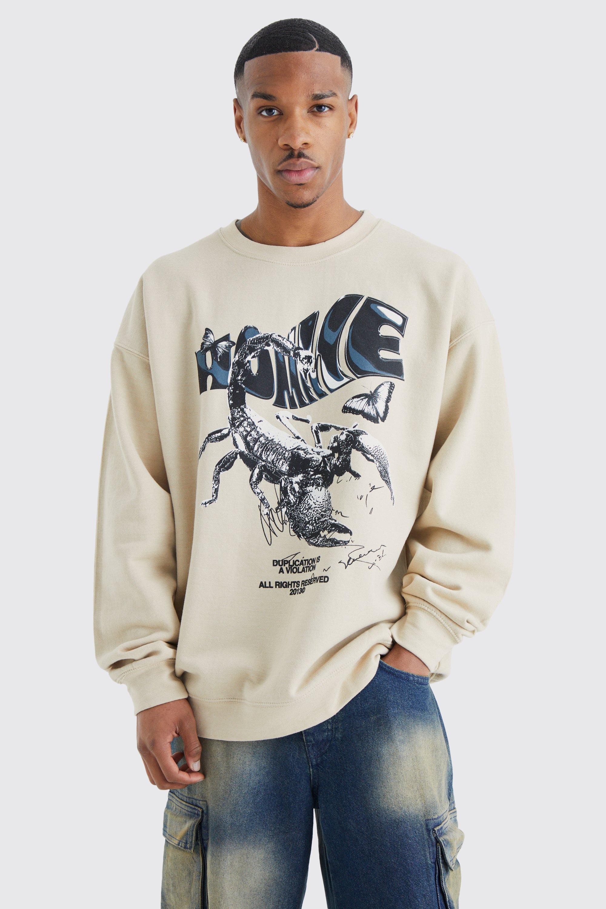 Mens Beige Oversized Homme Scorpion Graphic Sweatshirt, Beige