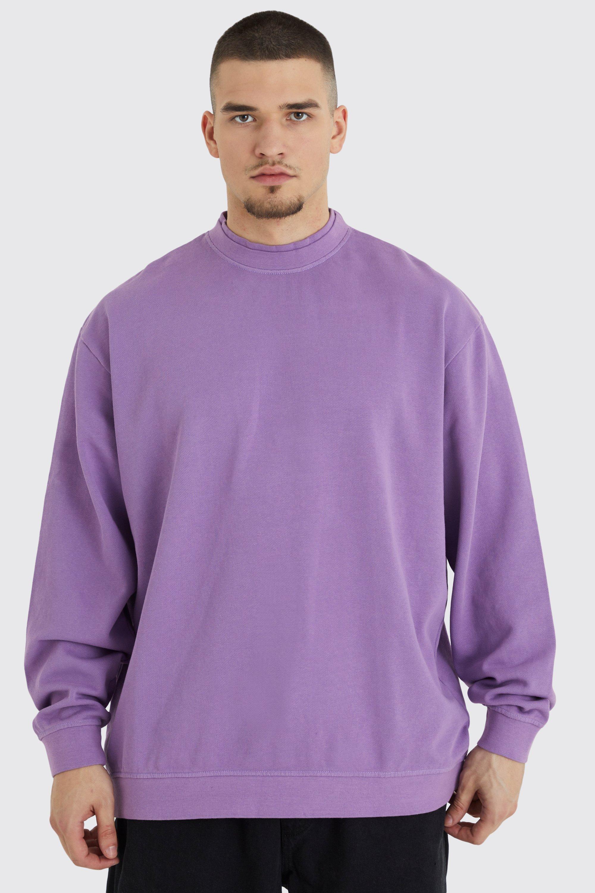 Mens Purple Tall Oversized Heavy Double Neck Sweatshirt, Purple