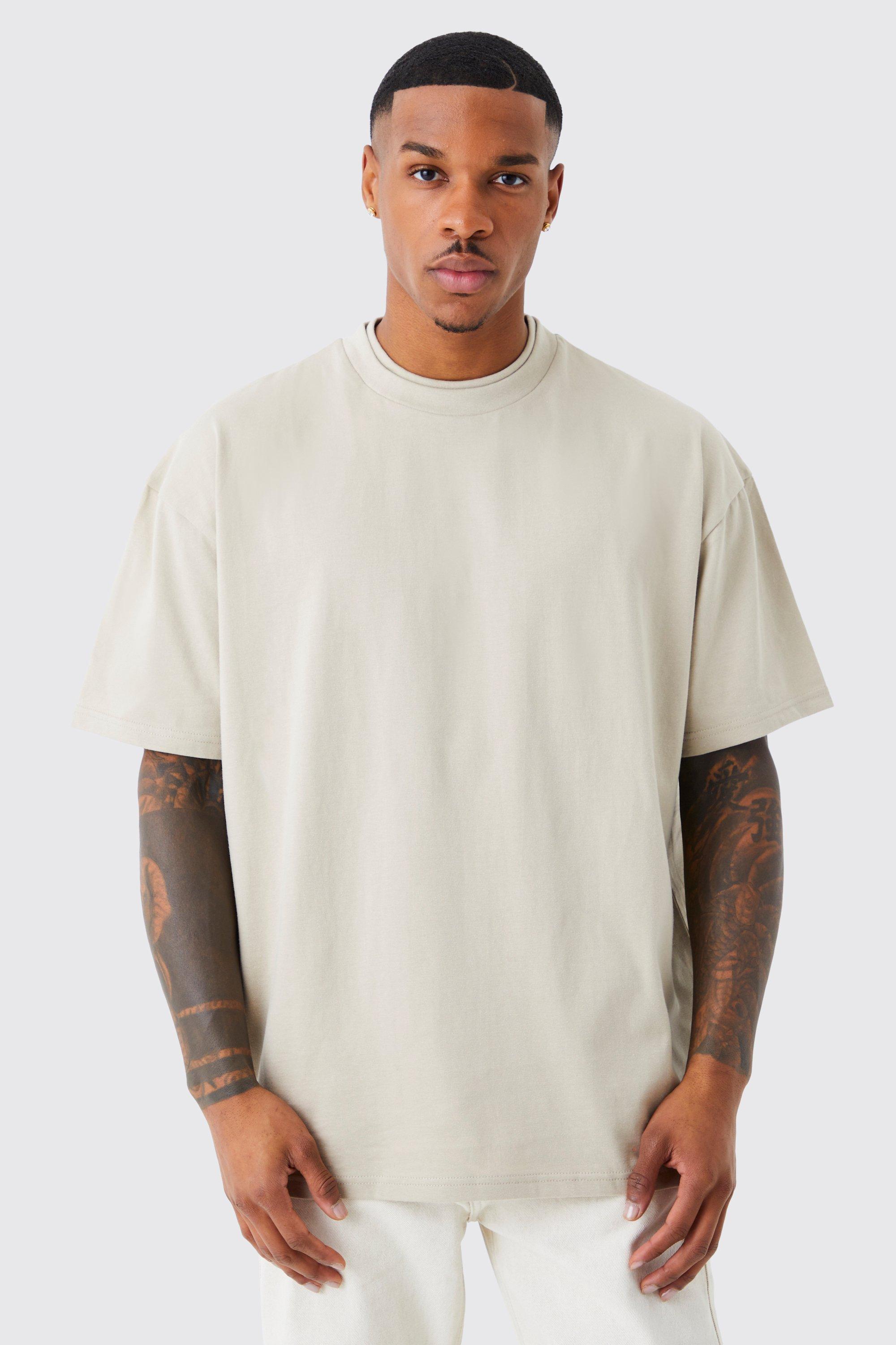 Image of T-shirt oversize pesante con doppio collo e maniche lunghe, Beige