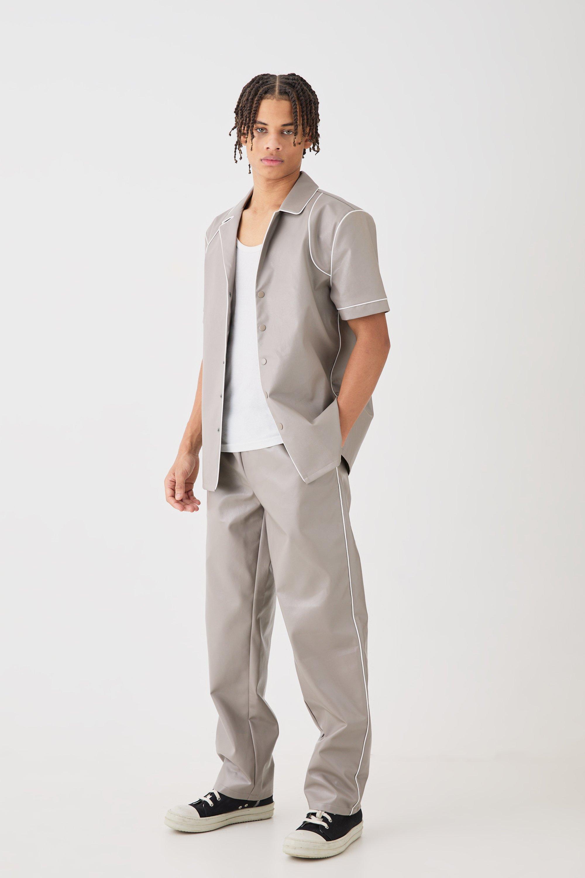 Mens Grey Short Sleeve Revere Piped Pu Shirt & Trouser Set, Grey
