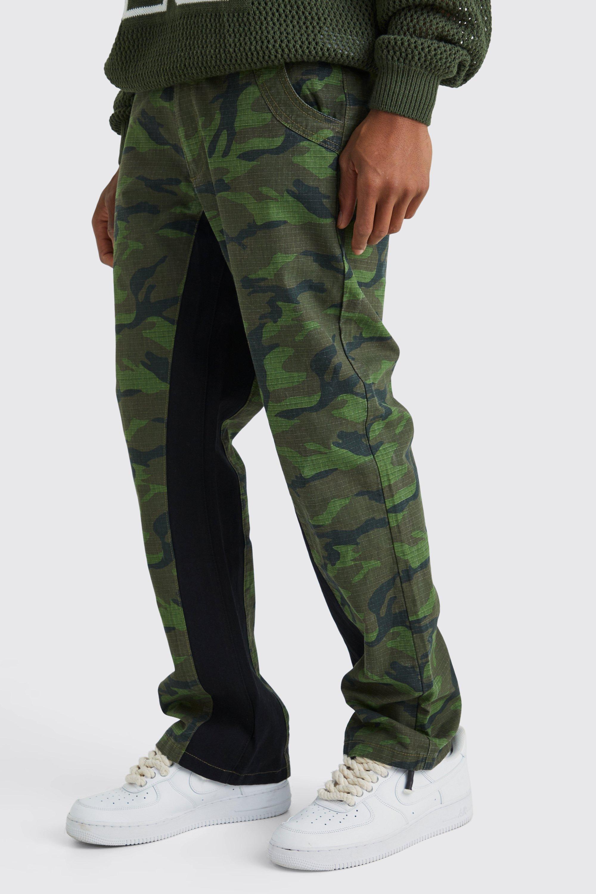 Image of Pantaloni dritti in fantasia militare a blocchi di colore, Verde