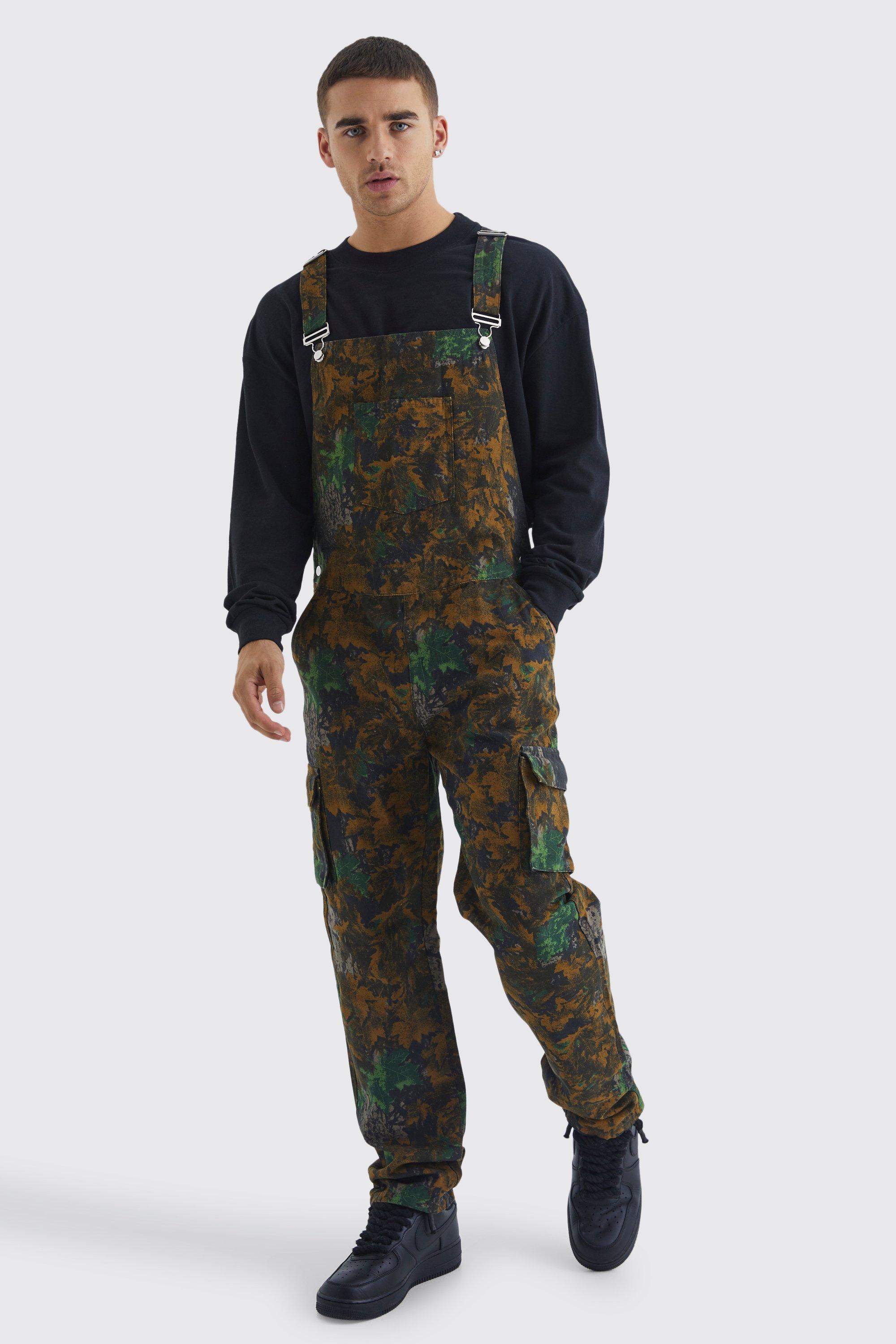 Mens Brown Relaxed Camo Cargo Dungaree, Brown