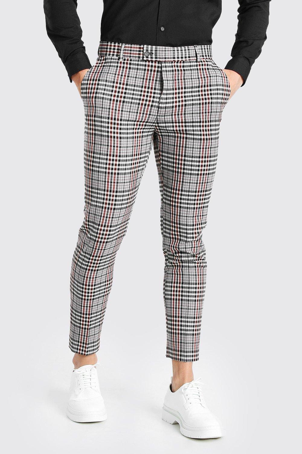 Mens Skinny Fit Grey Check Cropped Suit Trousers, Grey