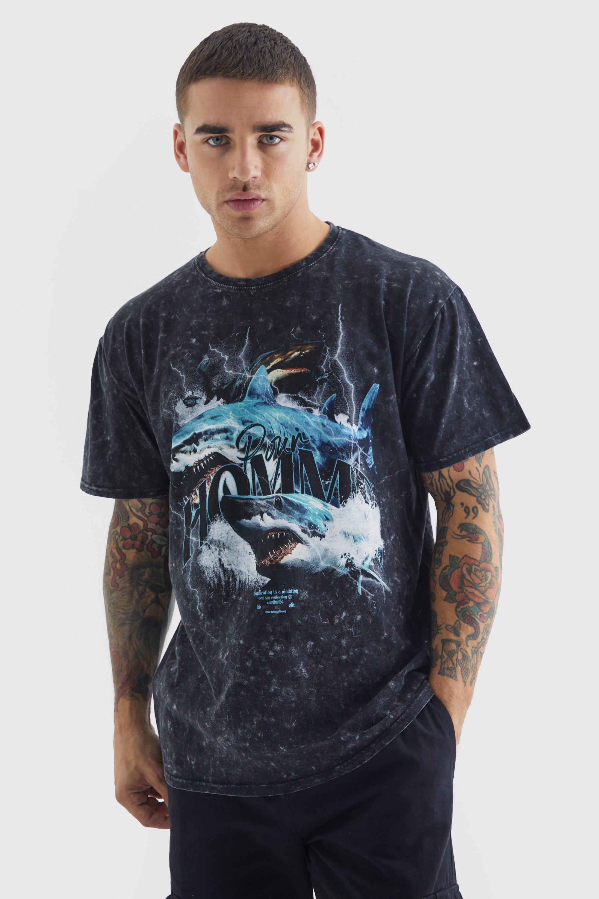 Mens Grey Regular Shark Graphic Wash Graphic T-shirt, Grey